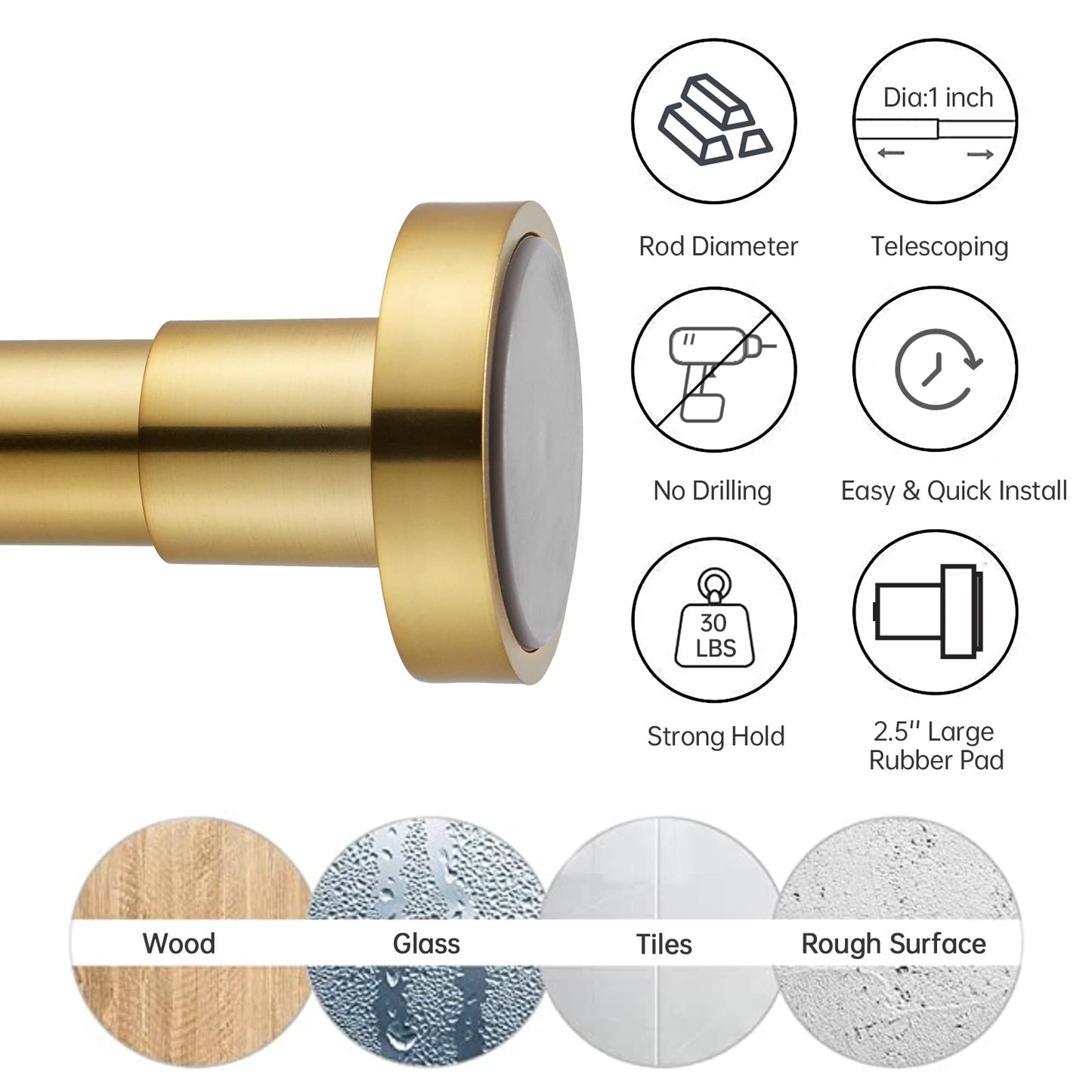 EBOATOP Shower Curtain Rod Tension- No Drill Non-Slip Spring Tension Shower Rod for Window or Bathroom, 43-73 inches Metal Steel, Gold