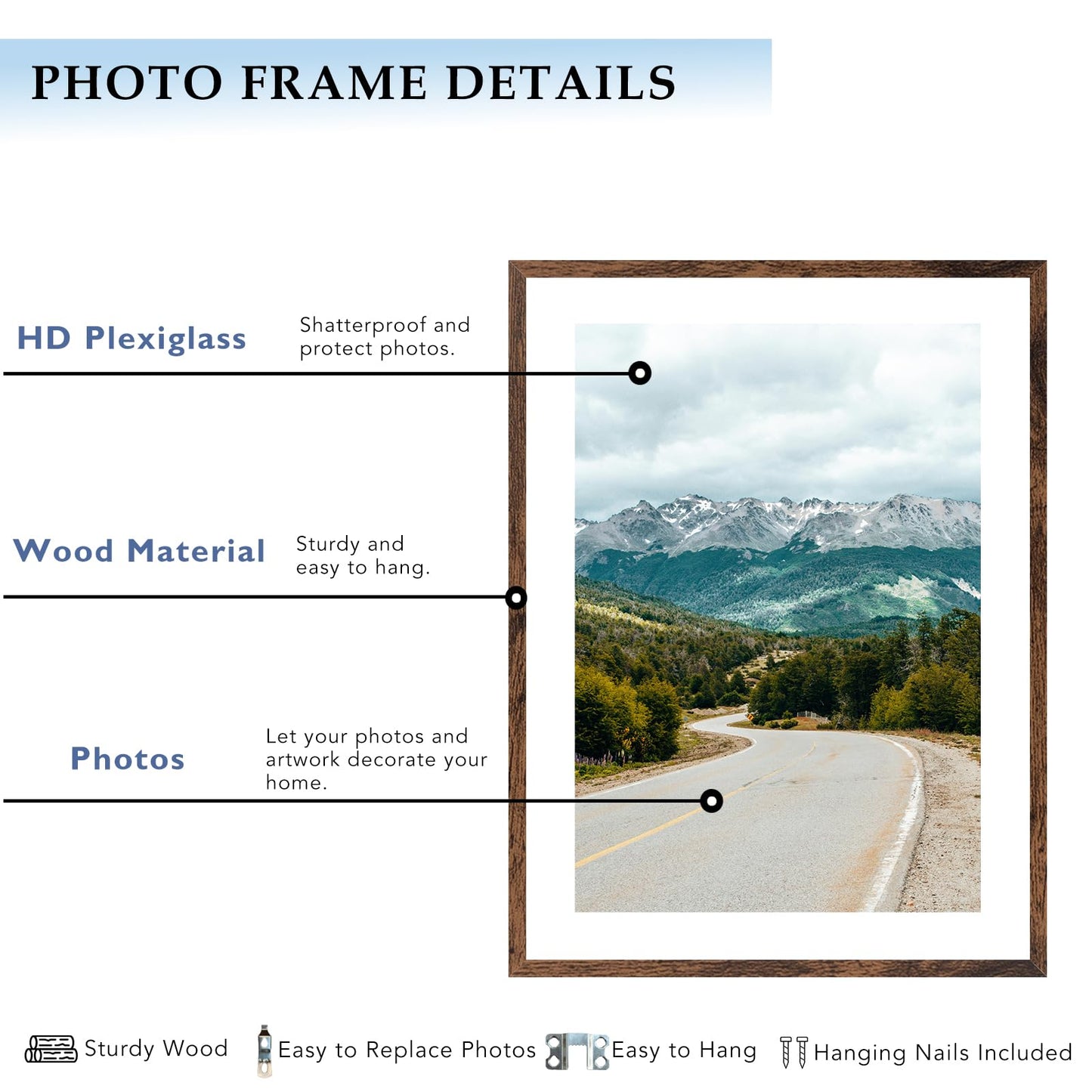 QOTIB Wood 20x28 Picture Frame with 16x24 Mat, Display 16x24 with Mat or 20x28 Without Mat, Wood 20 by 28 Photo Frame, 20 x 28 Frame for Wall Hanging Display, Deep Brown