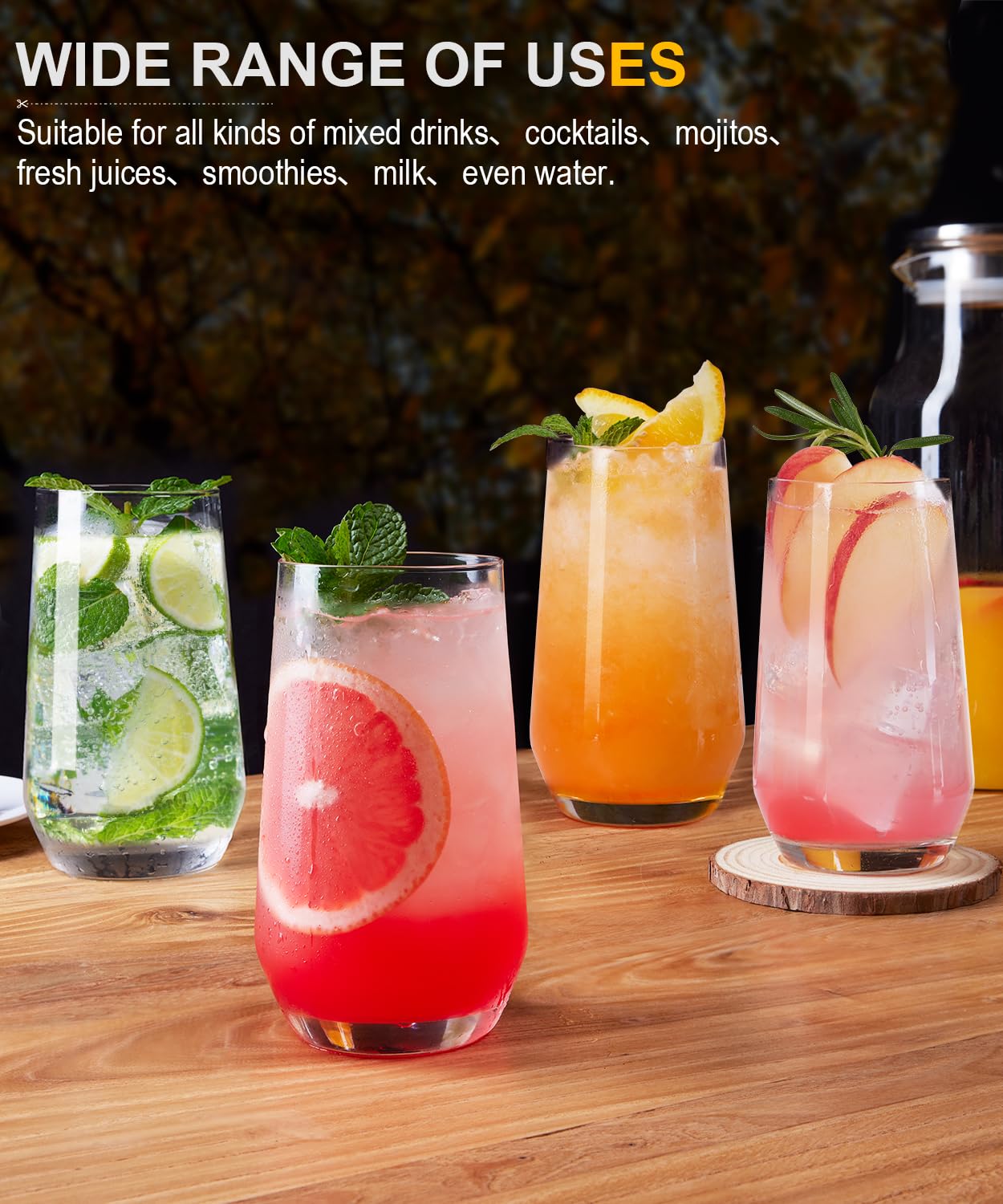 Drinking Glasses Set, Tall Water Highball Glasses, Unique Design Lead-Free Crystal Glassware, Glass Cups for Mojito and Mixed Drink Cocktail Glass Set of 8 16.2oz