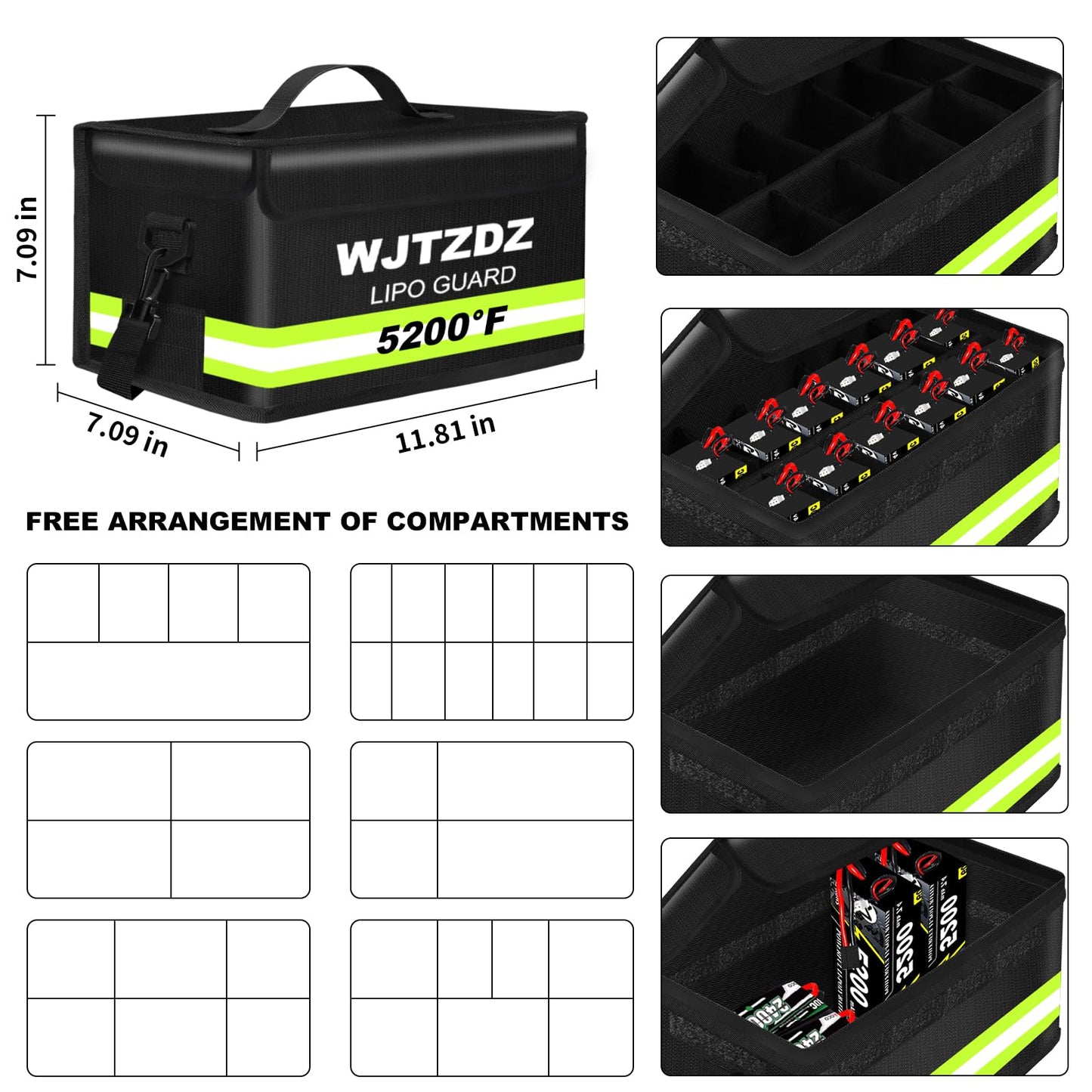 Lipo Fireproof Explosionproof Safe Bag-Large Capacity Storage Guard Pouch for Charging with Waterproof Zipper/Reflective Strip/Handle/Shoulder Strap-12 Cell Adjustable (12.6x6.7x6.7in)