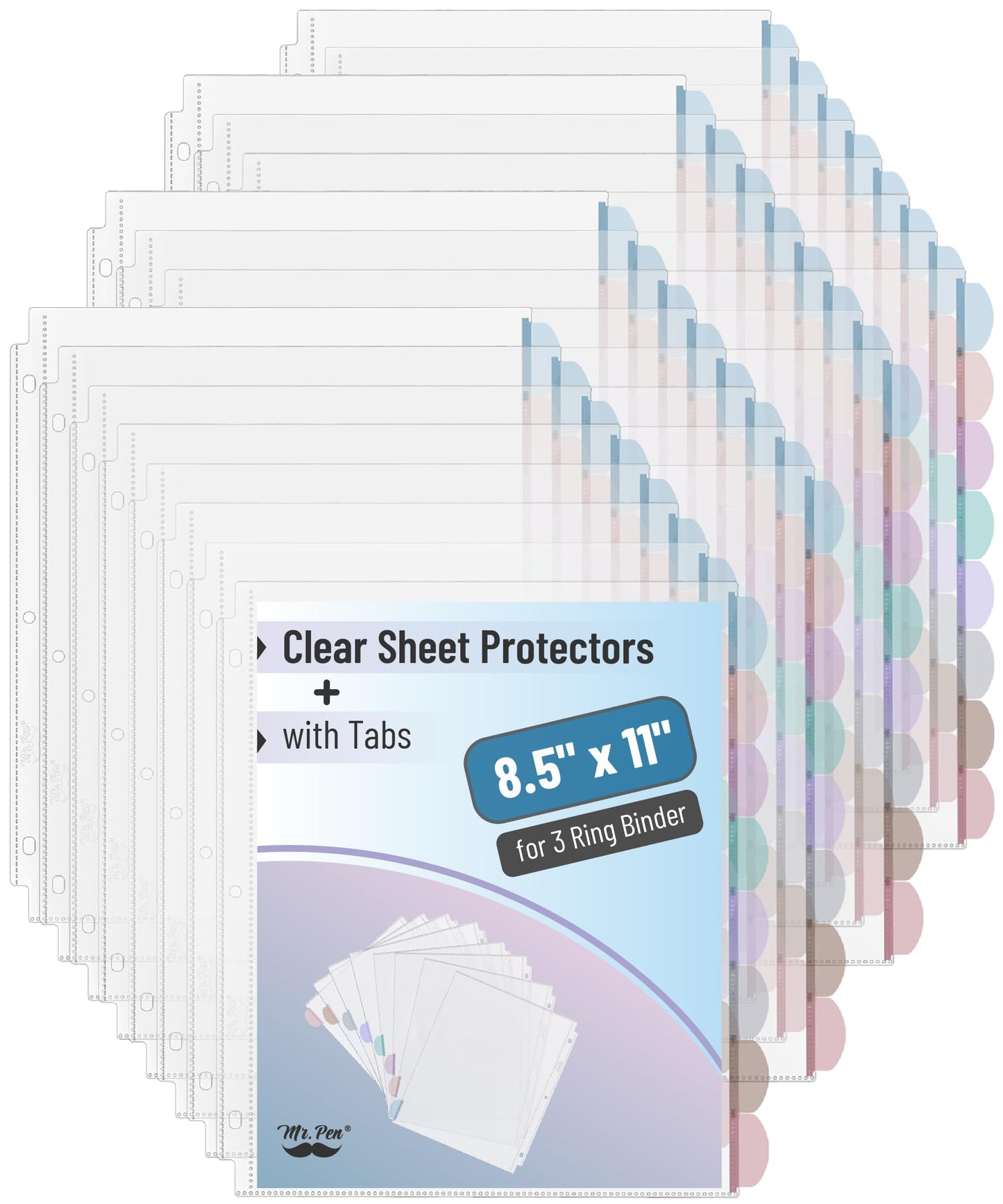 Mr. Pen- Clear Sheet Protectors with Tabs Bulk, 8.5x11 Inches, 8 Tabs, 32 Sets, Durable Clear Plastic Dividers for 3 Ring Binders, Insertable Index Page Divider with Multicolor Tabs