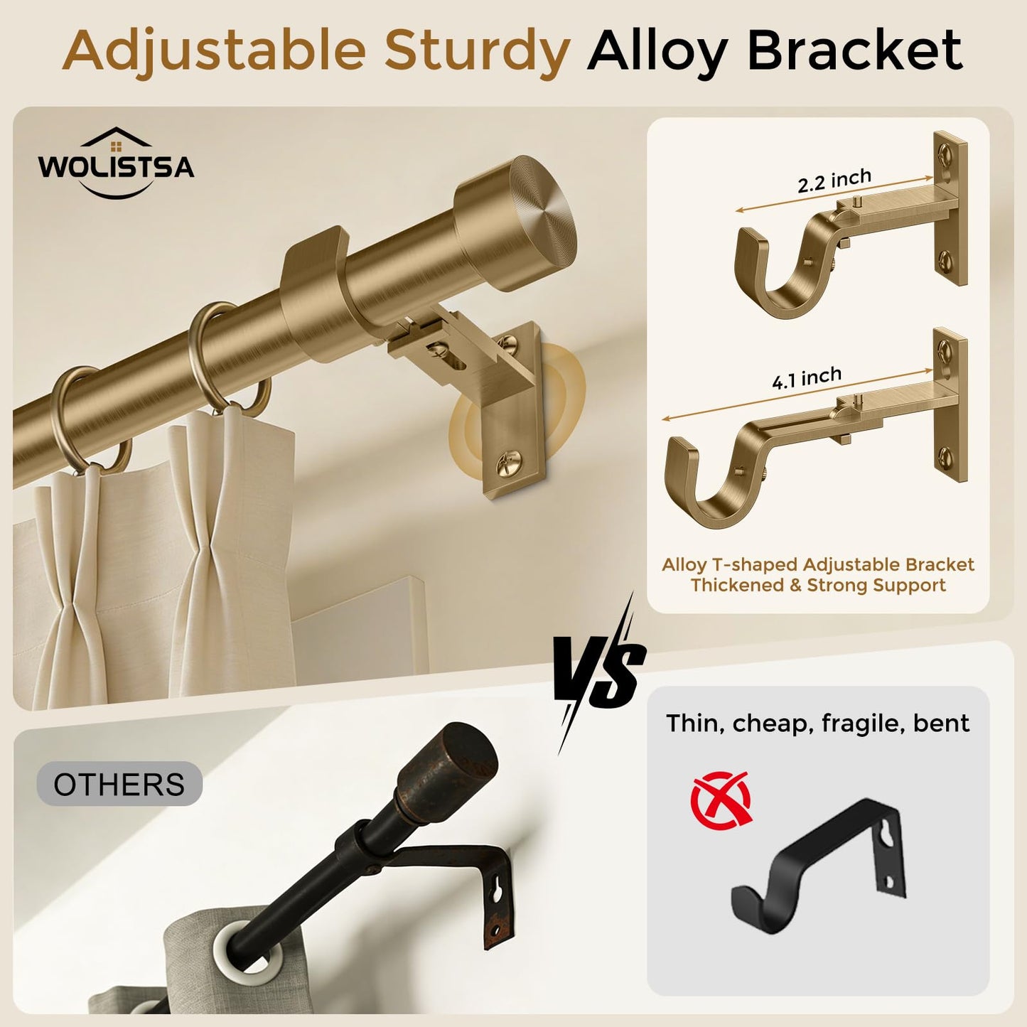 Wolistsa Brass Gold Curtain Rod 34 to 186 Inch, Brushed Warm Gold 1” Adjustable Extra Long Heavy Duty Curtain Rods for Windows, Decorative Antique Drapery Rods with Modern Solid Aluminum Finials
