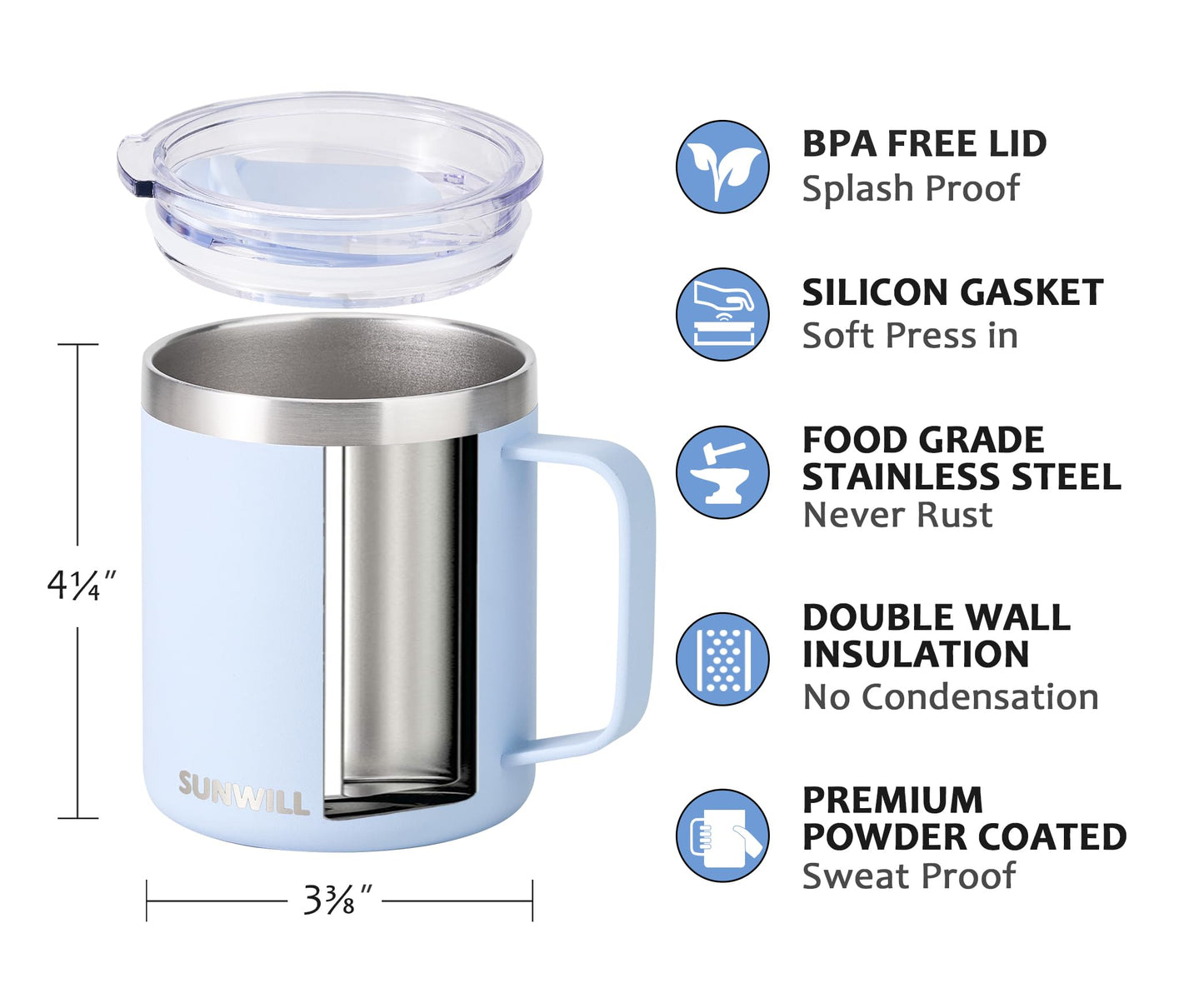 SUNWILL Travel Coffee Mugs Set of 4, Insulated Tumbler with Lid, 14 oz Stainless Steel Cup with Handle Bulk for Gift, Camping, Office, Powder Coated Orchid, Iceberg, Mint, Sakura