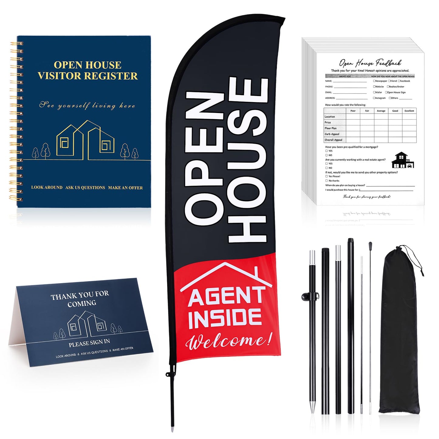 Buryeah 153 Sets Open House Signs for Real Estate Agents Including 1 Open House Feather Flag and Pole Kit 1 Pcs Visitor Guest Register Notepad 1pcs Tent Card and 150 Pcs Feedback(Black)