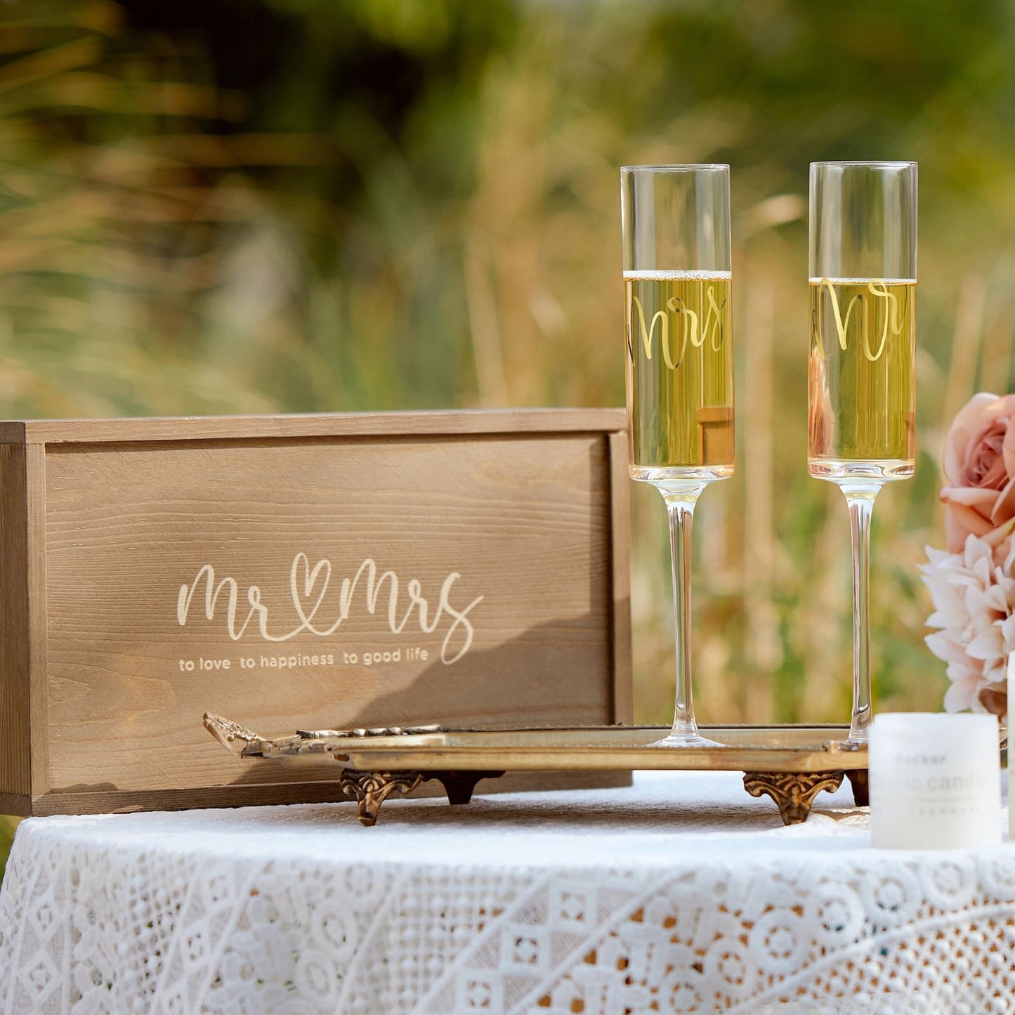 AW BRIDAL Mr and Mrs Champagne Flutes Set of 2, Engagement Gift for Couples and Newlyweds, Bridal Shower Gifts for Bride to Be, Wedding Anniversary Toasting Glasses Set with Wooden Box