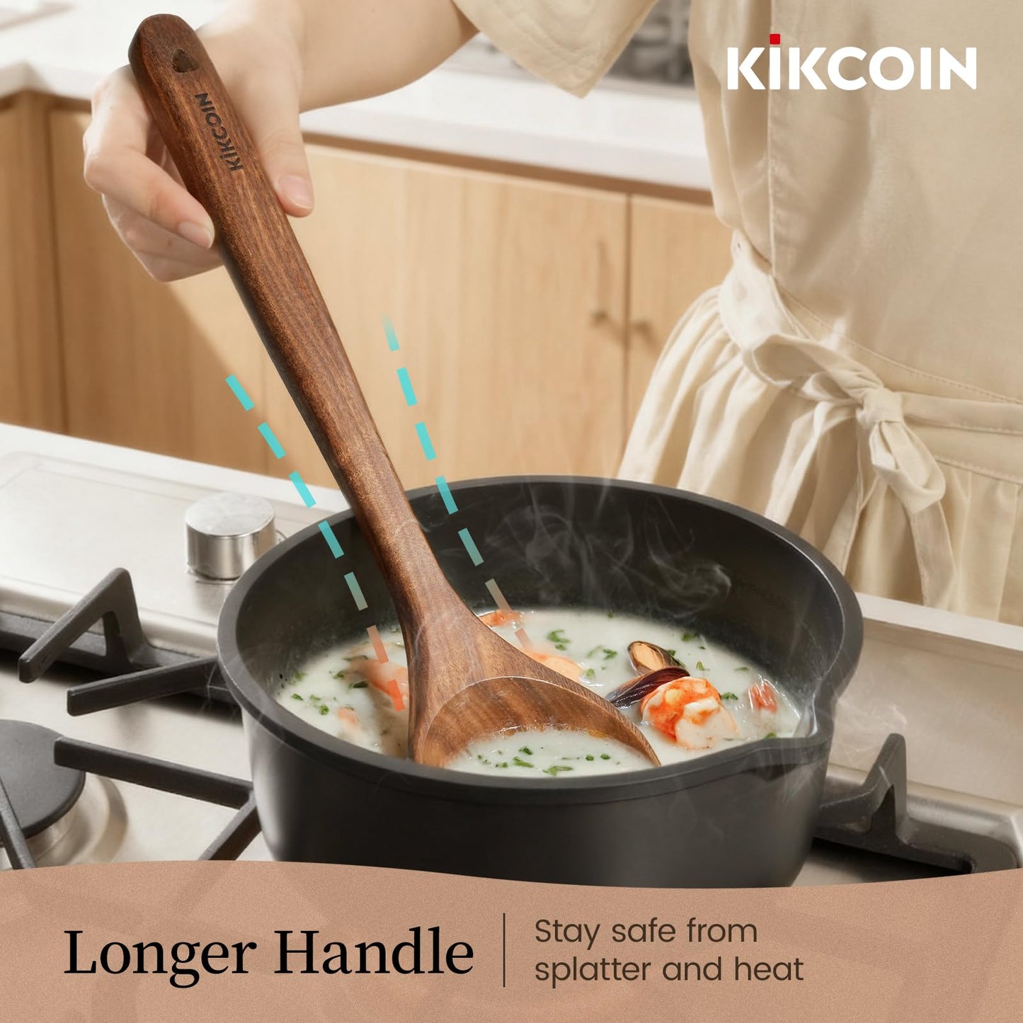 Kikcoin 7 PCS Durable Natural Teak Wooden Cooking Utensils Set, Non Toxic Wooden Spoons for Cooking, Wooden Utensil Set for Cooking with Comfort Grip, Nonstick & Easy to Clean Wood Kitchen Utensil Set