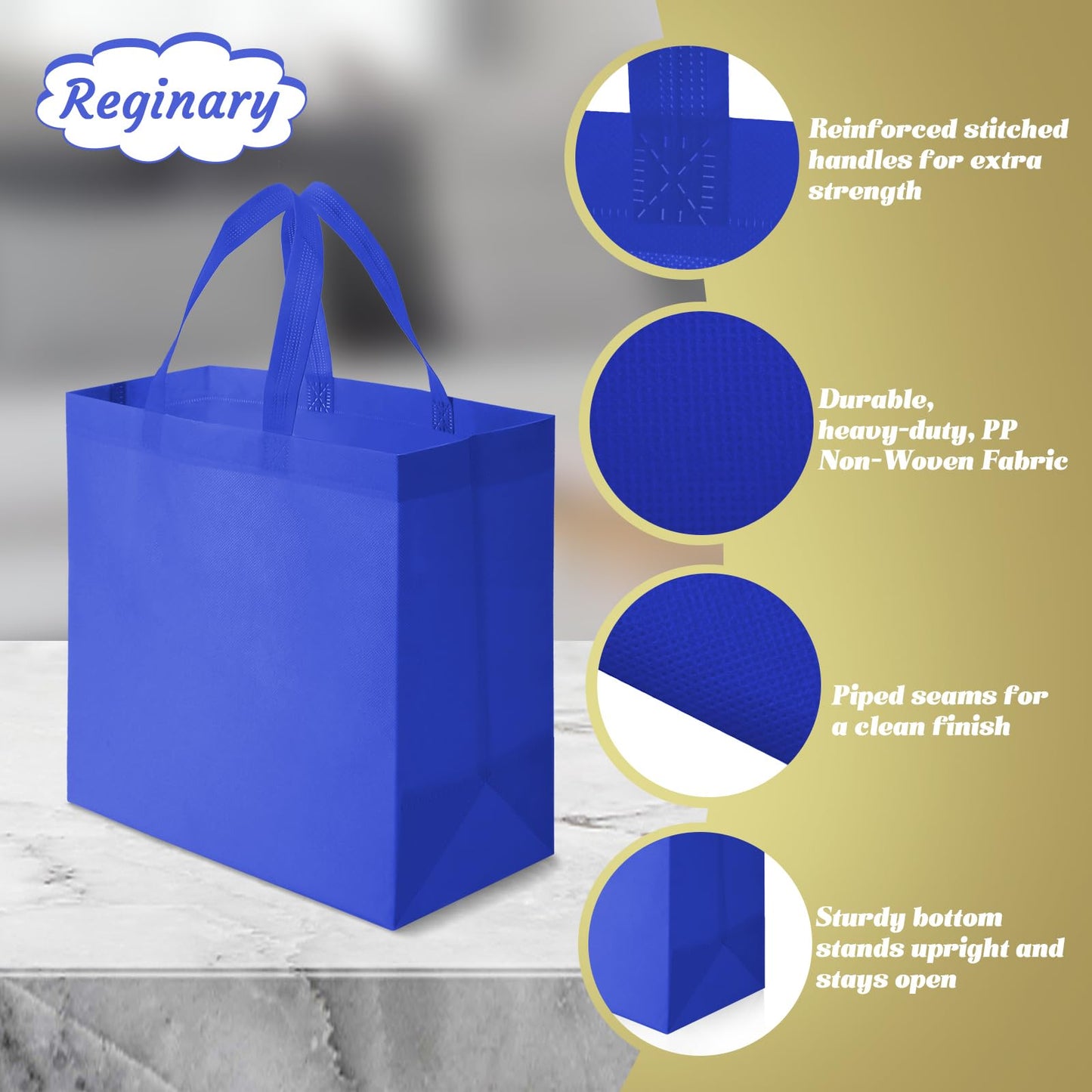 Reginary 100 PCS Reusable Totes Bags - Non Woven Grocery Handle Bags for Shop Events & Retail Store(Blue)