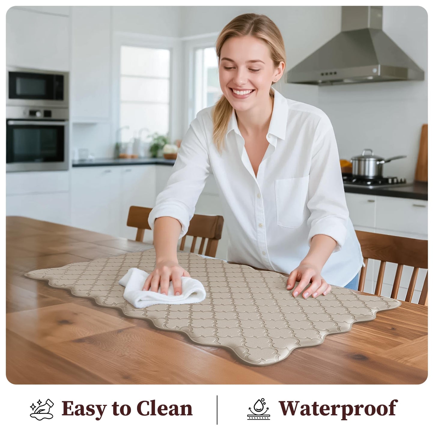 Arenarug Upgrade Scalloped Embossed Kitchen Mats for Floor 2PCS Cushioned Anti Fatigue Waterproof Foam Kitchen Rugs Non Slip Washable Comfort Standing Mat for Sink Laundry,17.3"x30"+17.3"x47",Khaki