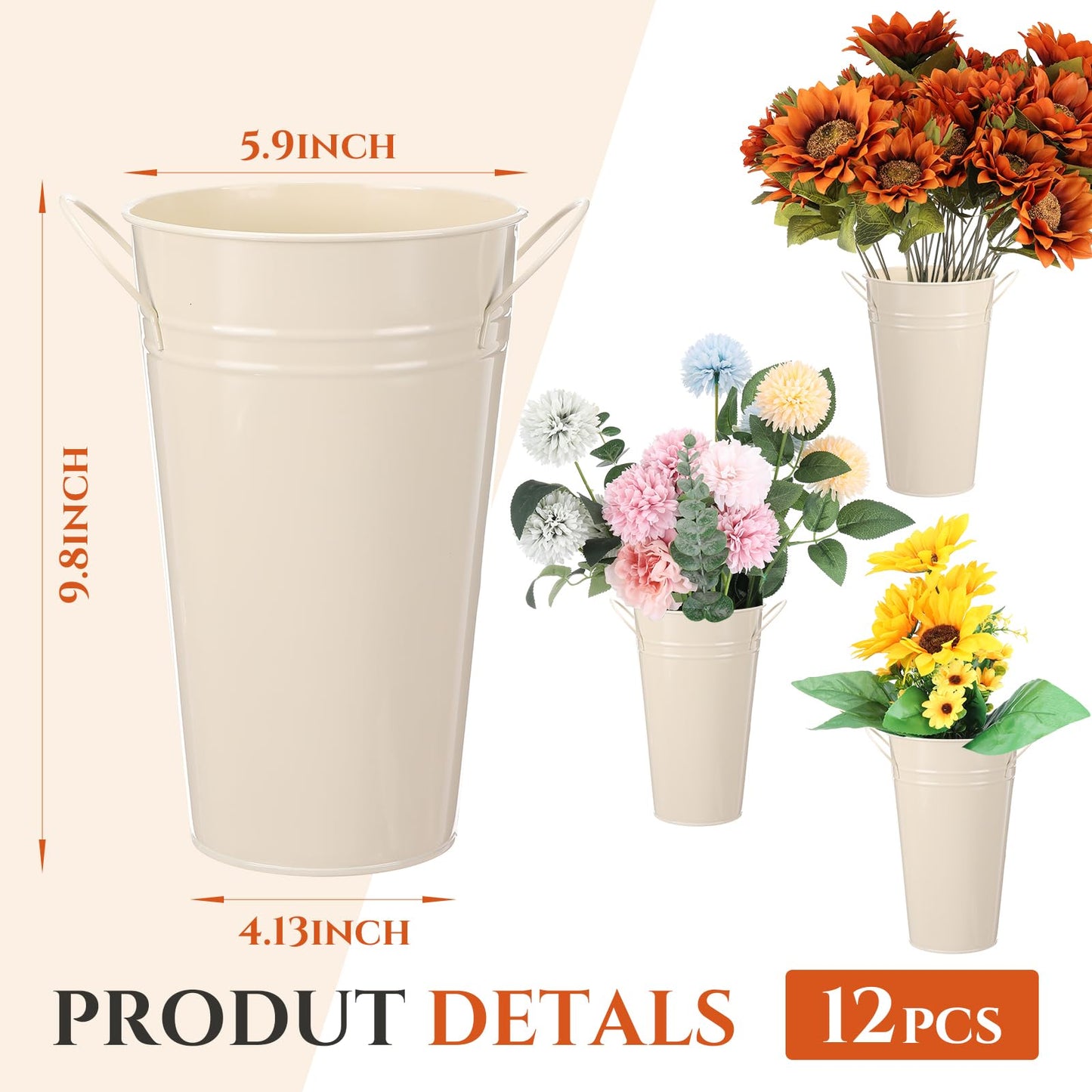 Chumia 12 Pcs Galvanized Flower Bucket 9 Inch Metal Vase Farmhouse Rustic French Flower Bar Bucket with Handles for Home Floral Centerpiece Container Wedding Table Decor(Beige)