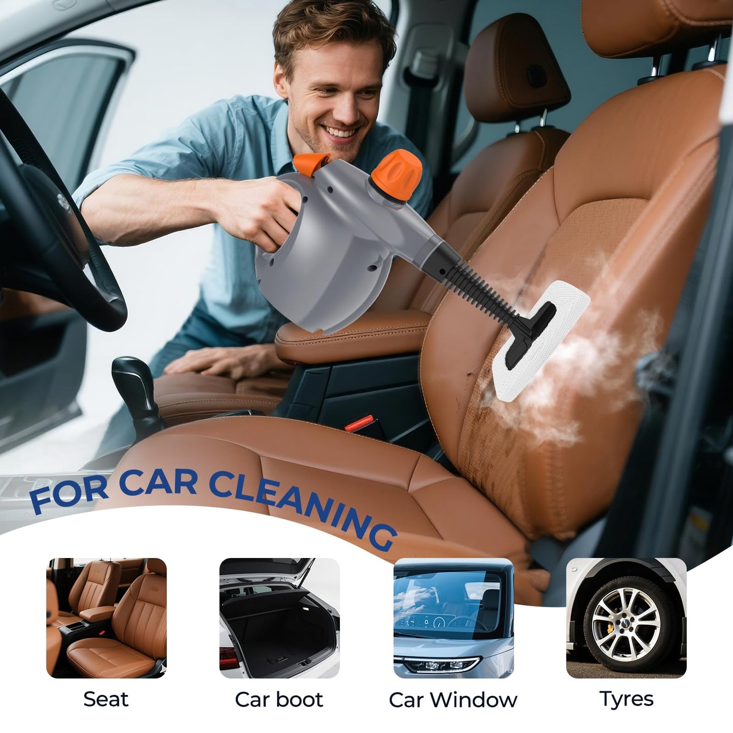 Steam Cleaner, Pressurized Handheld 13pcs Multi-Purpose Natural Deep Cleaning Steamer, Portable Steamer for Cleaning Home, Grout, Kitchen, Car, Window, Upholstery, Bathroom and Clothes, Gray