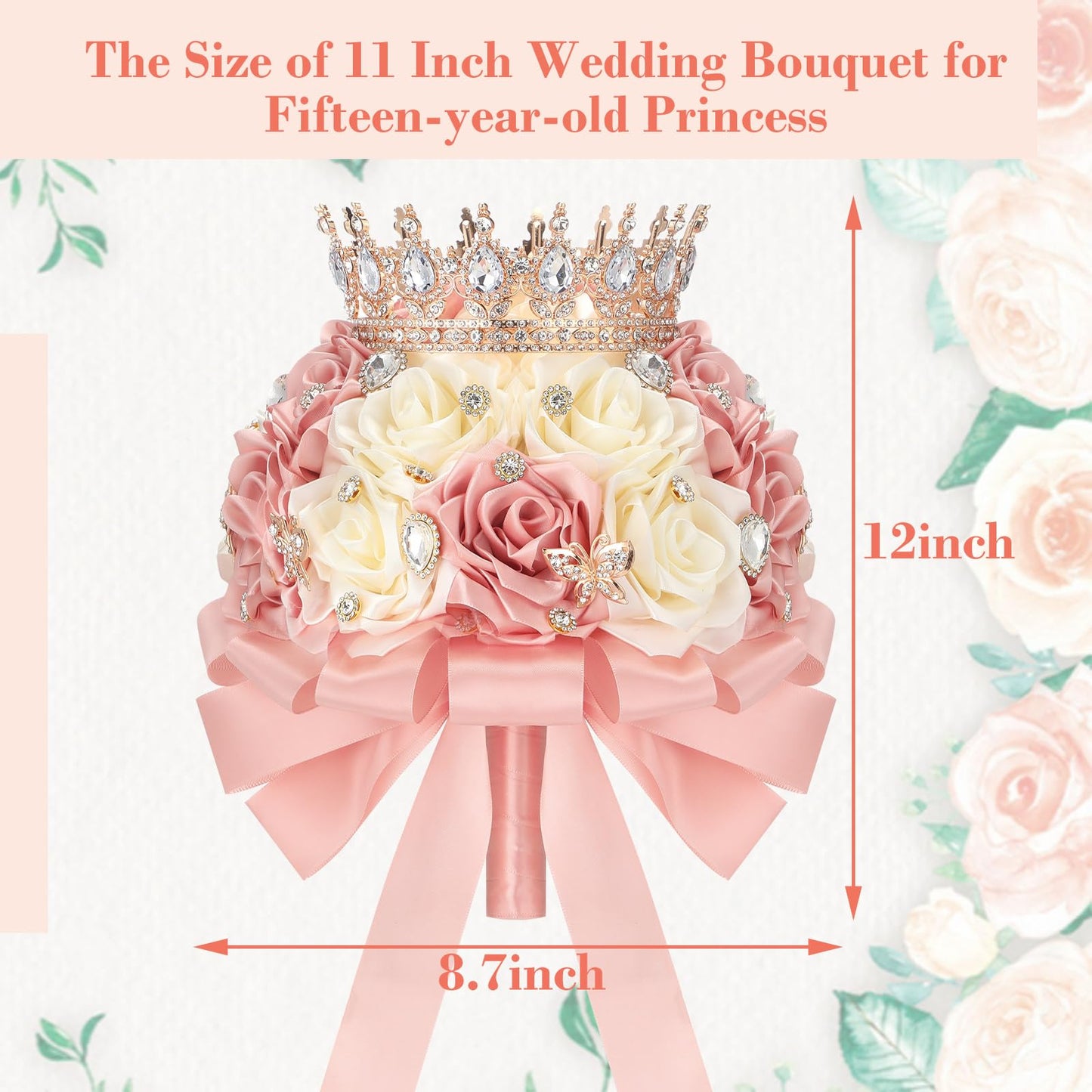 Suncalla 8.7" Ramo de Quinceañera Peach Pink & Cream Bridal Wedding Bouquet with Crown Satin Rose Bling Artificial Flower Bunch Inspiración Ramos para Quinceaños for Bride Wedding Quinceanera