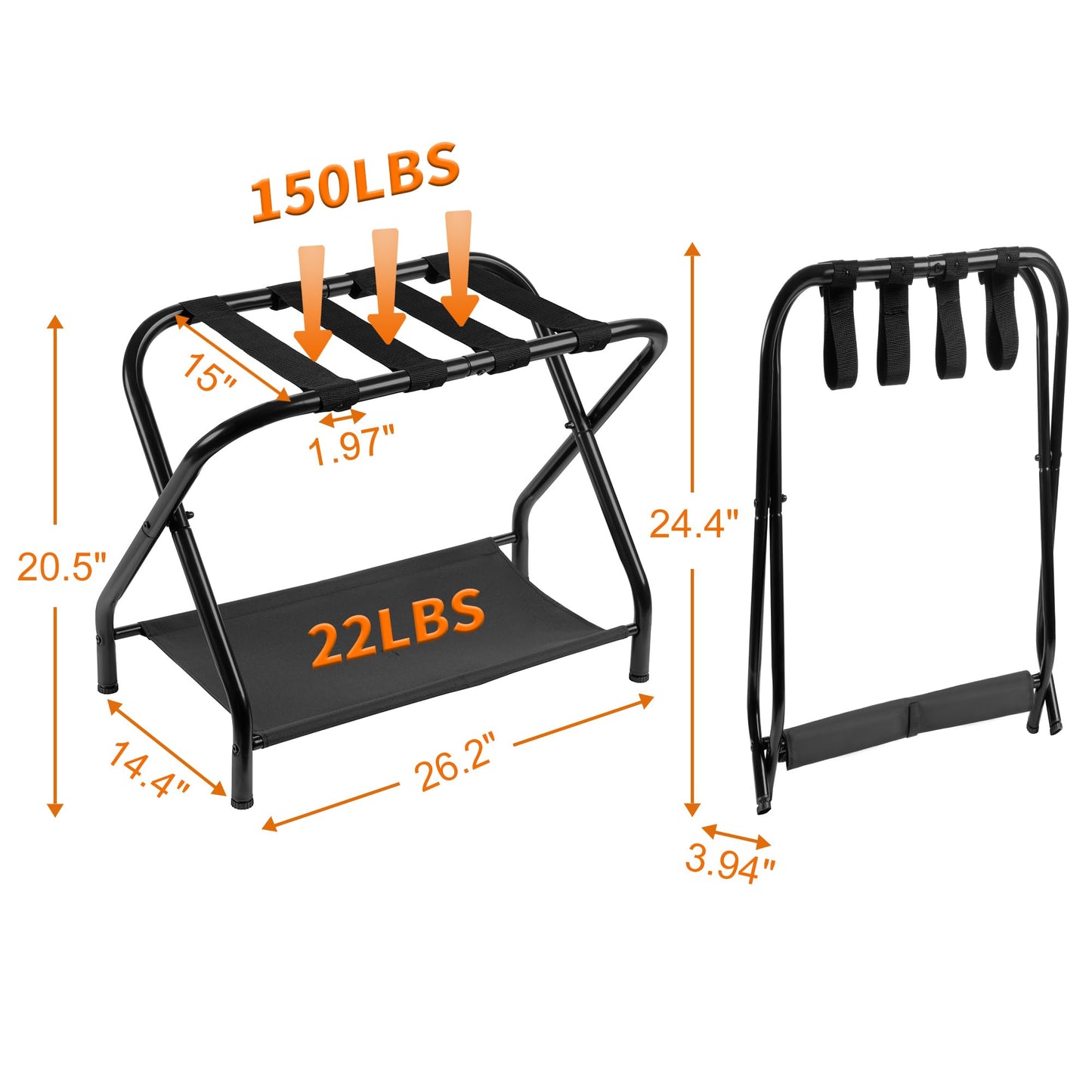 Heybly Luggage Rack for Guest Room, Pack of 2, Steel Folding Suitcase Stand with Storage Shelf for Bedroom, Hotel, Foldable Steel Frame, Guest Room 26.2" L x 14.4" W x 20.5" H, Black HLR004B2