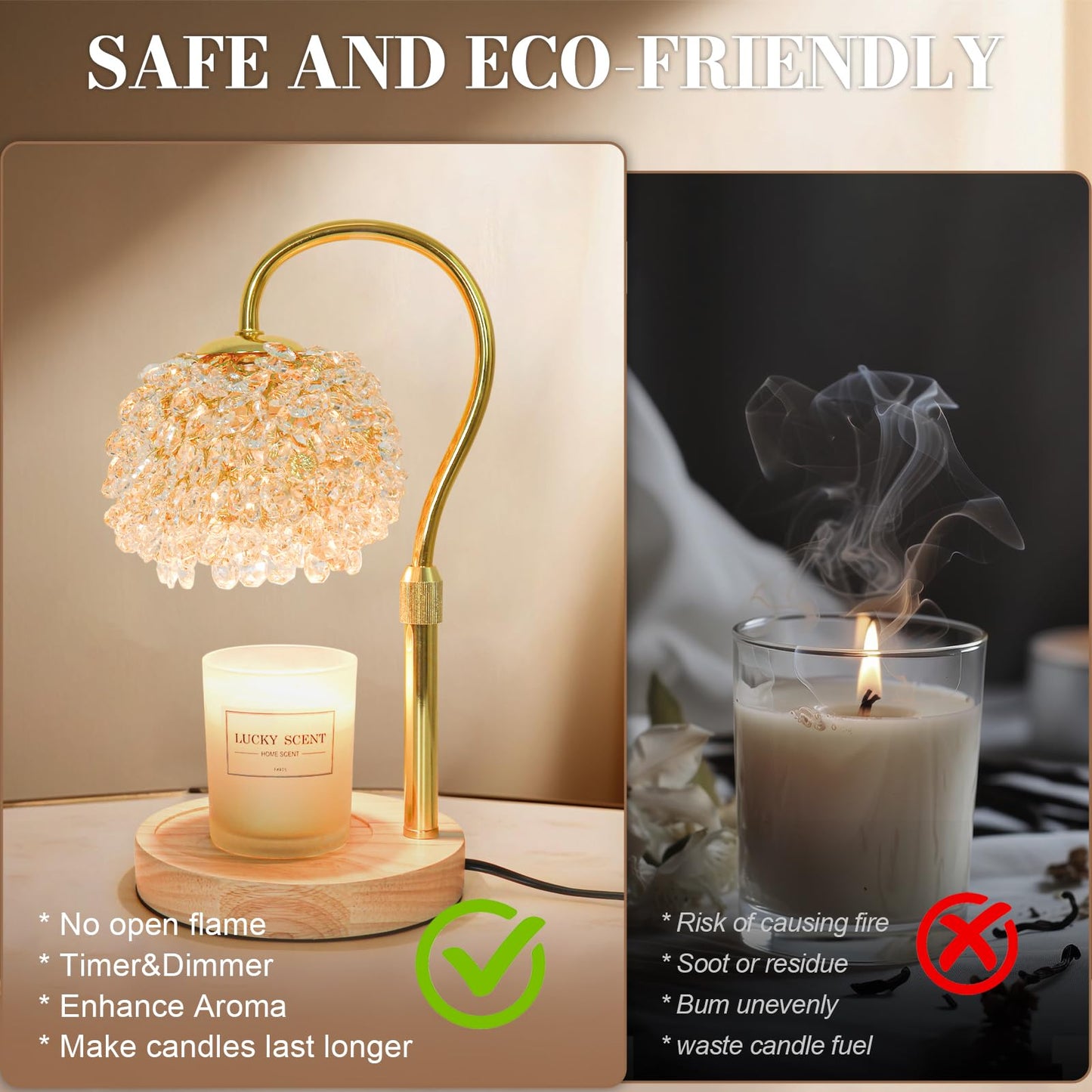 Hisummer Candle Warmer Lamp with Timer, Dimmable Candle Lamp Warmer with 312 K9 Crystals Adjustable Height Electric Candle Warmer for Women Gifts, Wax Warmer Lamp with 2 Bulbs for Jar Candles