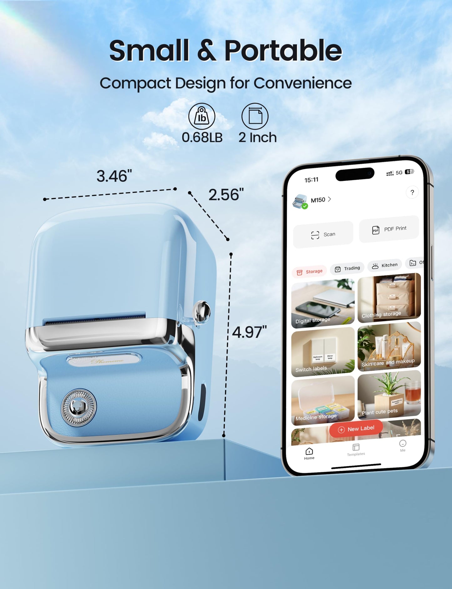 Phomemo M150 Label Maker - 2" Bluetooth Thermal Printer, 203DPI Auto-Return, 700+ Templates, Works with Phone/PC