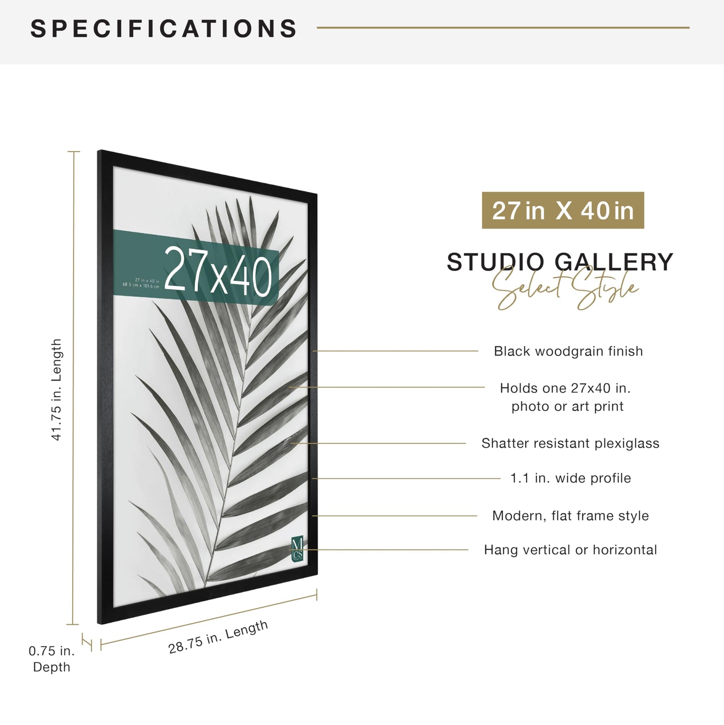 MCS Studio Gallery Movie Poster Frame 27x40 Black Woodgrain Engineered Wood, Vertical & Horizontal Wall Hanging Large Picture Frame for Photos, Artwork & Custom Posters (1-Pack)