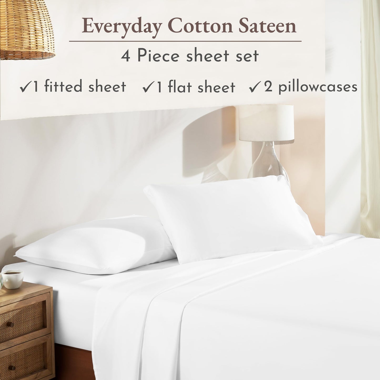 California Design Den King Size Sheets Set - Natural 100% Cotton Sheets King Size with Deep Pockets, Soft Sateen Weave, Breathable and Durable Bedding Set (White)