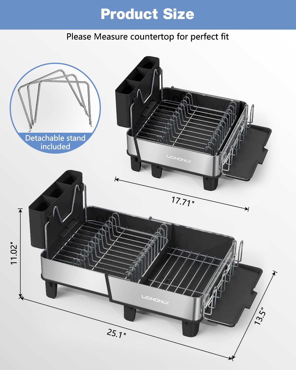 Dish Drying Rack, 304 Stainless Steel Exendable Dish Rack with Adjustable Drain Spout, Large Capacity Dish Drainer with Utensil Holder, Cup Holder and Cutting Board Rack for Kitchen Counter, Black