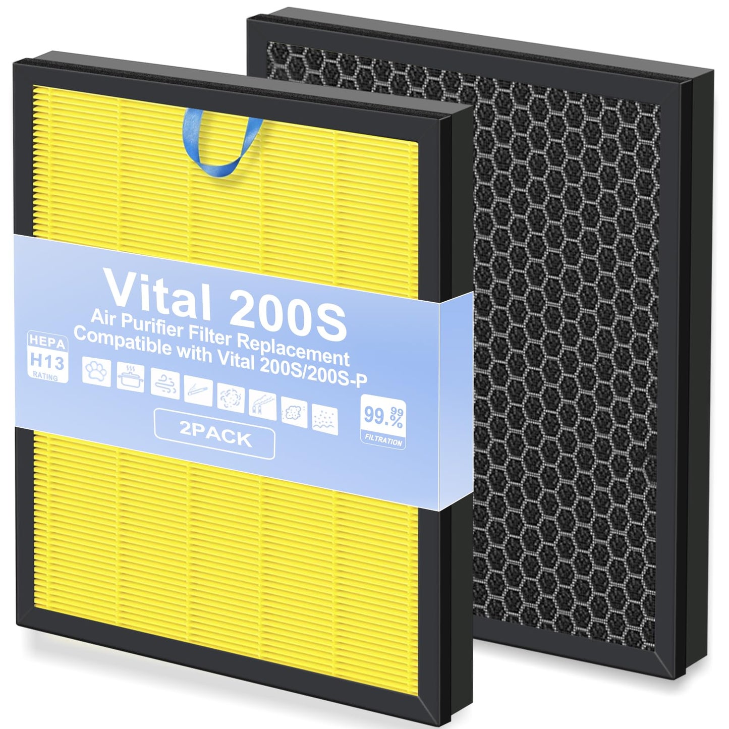 GRN FIL Vital 200S Replacement Filter Compatible with LEVOIT Vital 200S & 200S-P Air Purifier, H13 True HEPA Pet Care 3-in-1 High-Efficiency Activated Carbon Filter, Vital 200S-RF, 2 Pack, Yellow