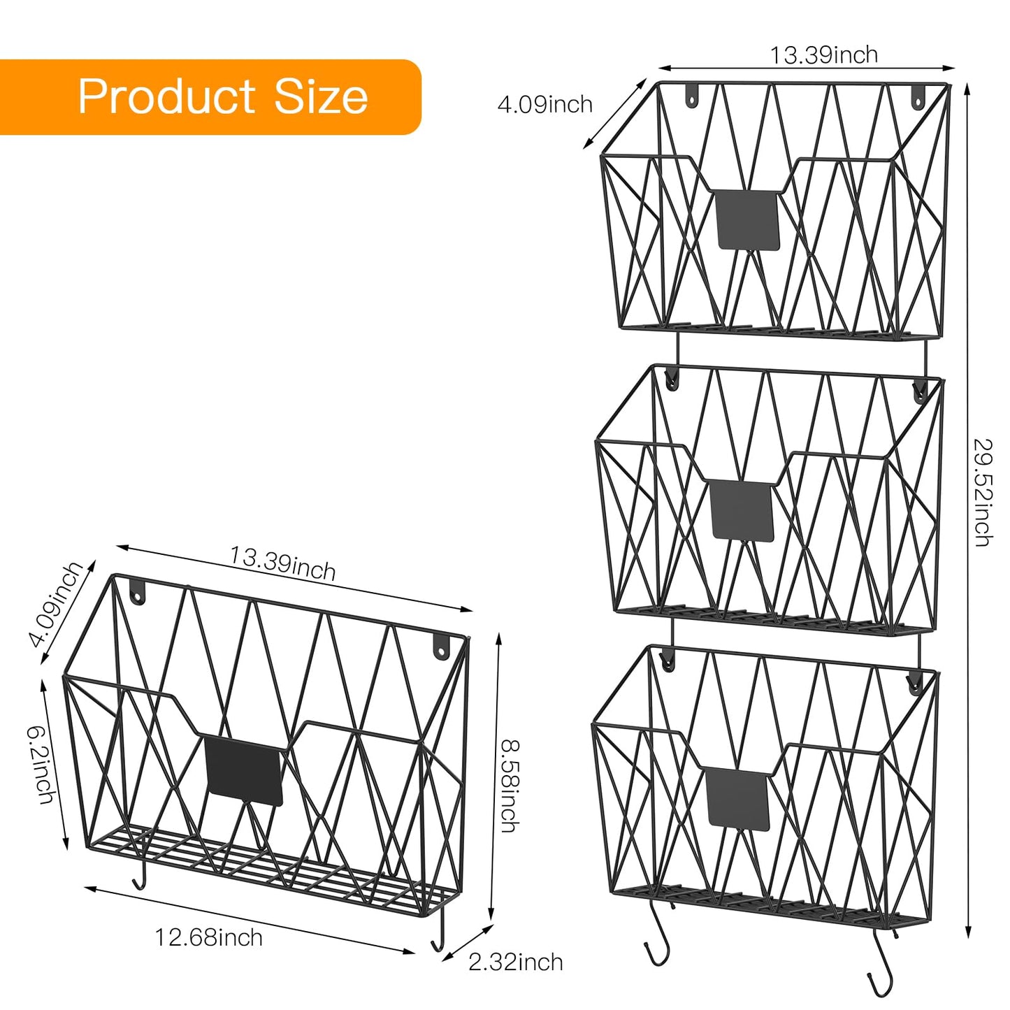 YBING Wall File Organizer Mesh Hanging Wall-mount Files Holder 6 Pack Hanging Wire Magazine Rack and Mail Holder with Hooks Office Wall Organizer for Papers Folders Files Clipboard Black