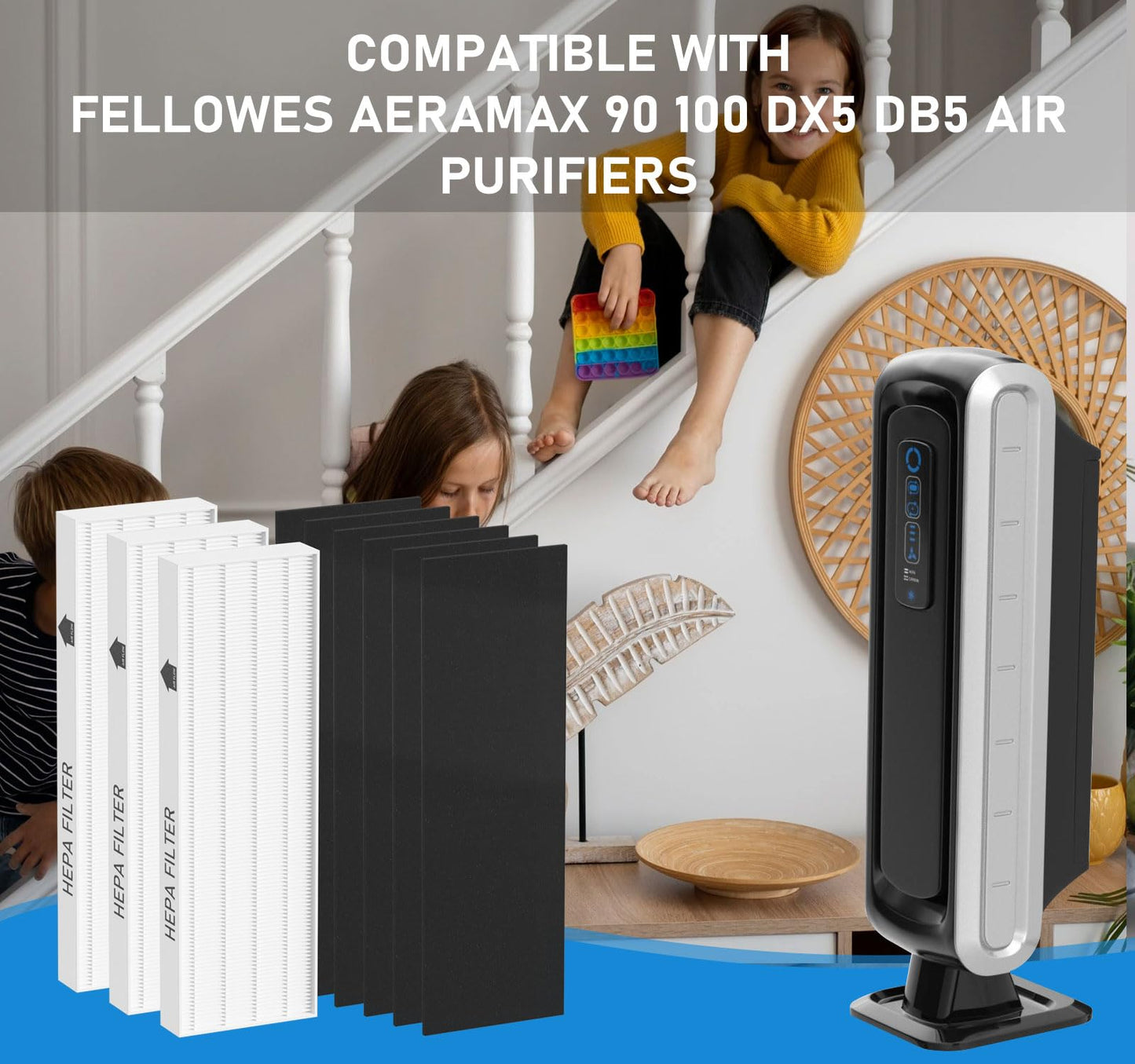 Ganteny True HEPA Filter Replacement Compatible with Fellowes AeraMax 100 90 DX5 DB5 Air Cleaner Purifier, Compared to Part 40101701 9287001 9324001, 3 x True HEPA Filter and 6 x Carbon Pre-Filter