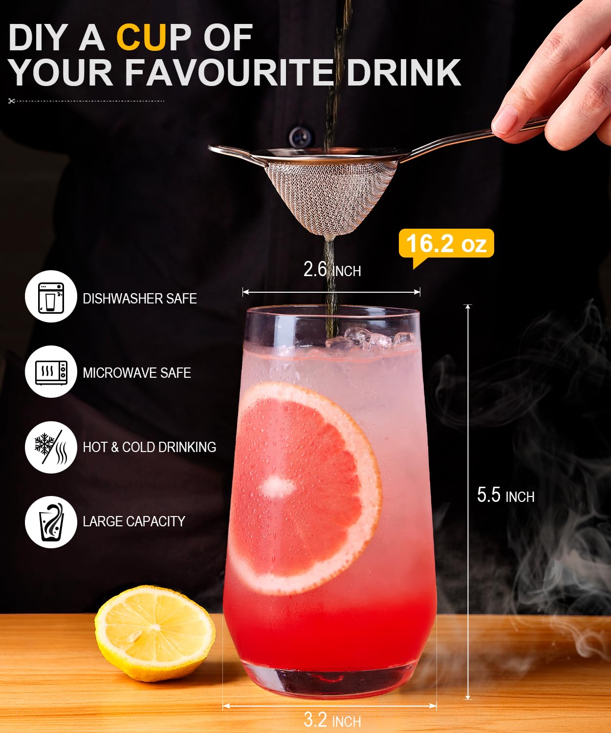 Drinking Glasses Set, Tall Water Highball Glasses, Unique Design Lead-Free Crystal Glassware, Glass Cups for Mojito and Mixed Drink Cocktail Glass Set of 8 16.2oz