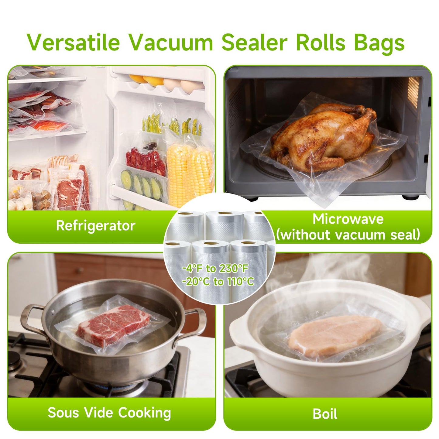 Vixino Vacuum Sealer Bags for Food, 8 Pack 4 Rolls 11" x 20' + 4 Rolls 8" x 20' Commercial Grade Vacuum Seal Bags Rolls, BPA Free, Customizable Size for Sous Vide, Freezer
