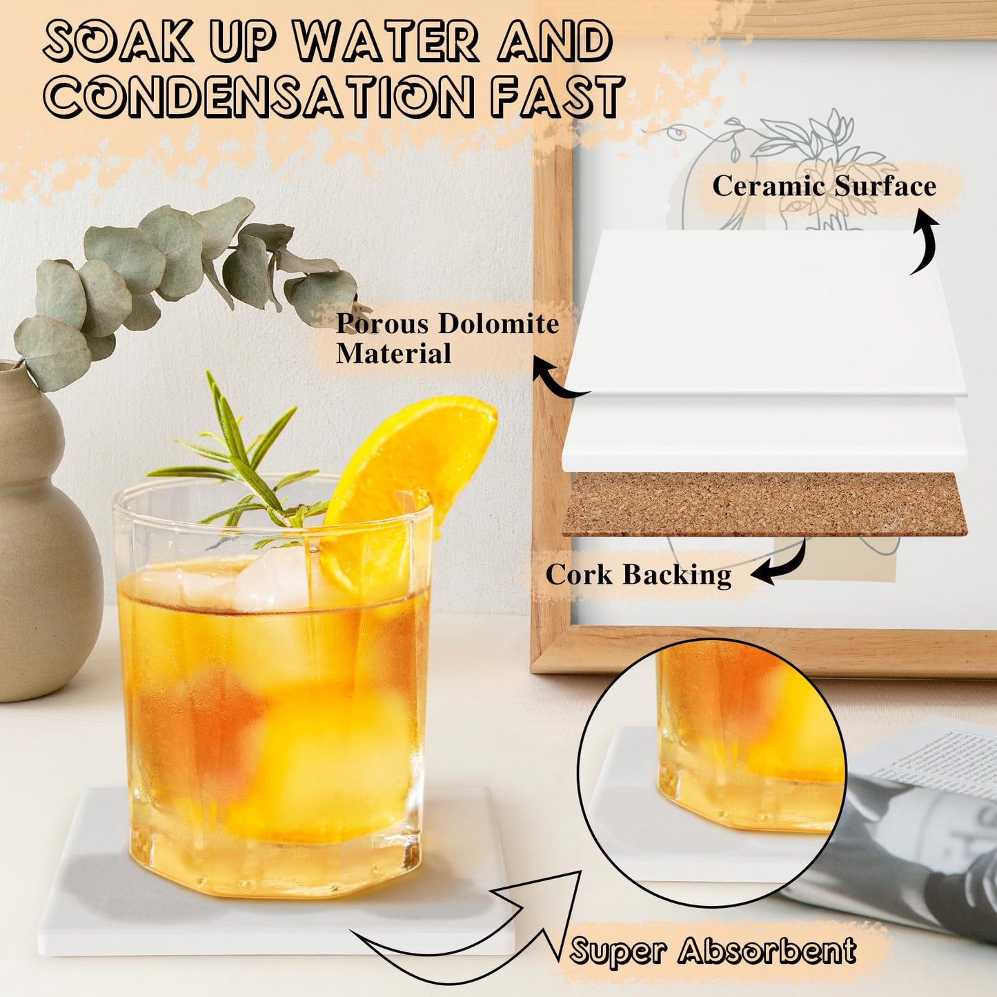 Ceramic Tiles for Crafts, GOH DODD 24 PCS Unglazed Blank Coasters with 24 PCS Cork Backings for Painting, Alcohol Ink, Acrylic Pouring, Decoupage, Arts, DIY Craft Gifts, Square, 4 Inch, White