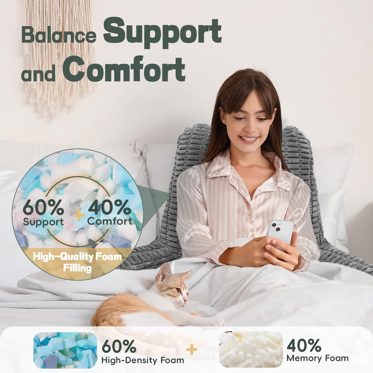 LUISOF 21" Higher Large Reading Pillow for Bed Adult, Back Pillow for Bed Sitting Up with Memory Foam Back Support with Arms Rest for Couch Chair Gray