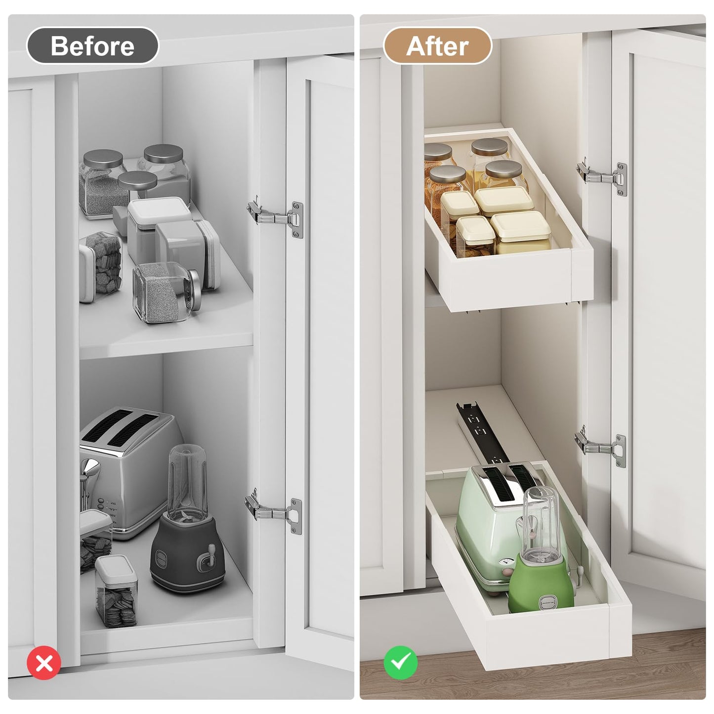Pull out Cabinet Organizer,Expandable Width(7"-11"),Depth(17"-24"),Roll out Drawers,No Drill Adjustable Slide out Shelves for Kitchen,Pantry,for Both Lip and Lip-Free Cabinets,White(1PC)