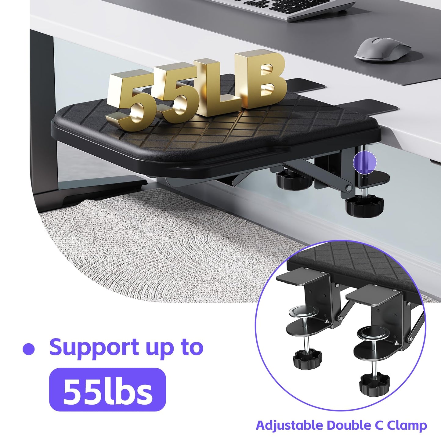 Arm Rest for Desk, 90°Foldable Computer Wrist Rest Shelf with Sponge Padding, Clamp on Arm Support, Ergonomic Sturdy Desk Extender for Office & Home, Durable & Easy to Install (All Black)