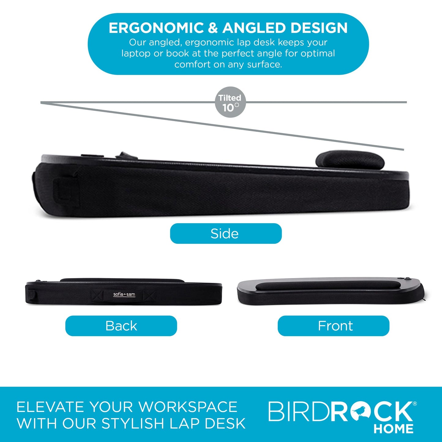 BIRDROCK HOME Oversized Lap Desk with Memory Foam Cushion - Portable w/USB Light & Wrist Rest, Ideal for Work from Home, Students & Gaming, Ergonomic Design for Comfort - Matte Black