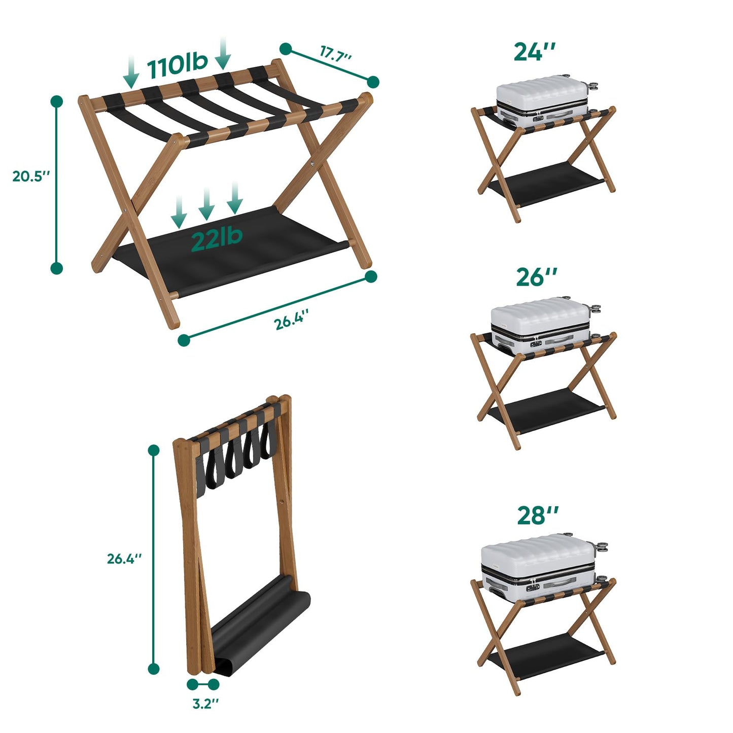 Smuxee Walnut Bamboo Luggage Rack for Guest Room, Foldable Suitcase Stand with Storage Shelf, Easily Assembled Luggage Stand with 5 Nylon Straps for Guest Room Bedroom Hotel