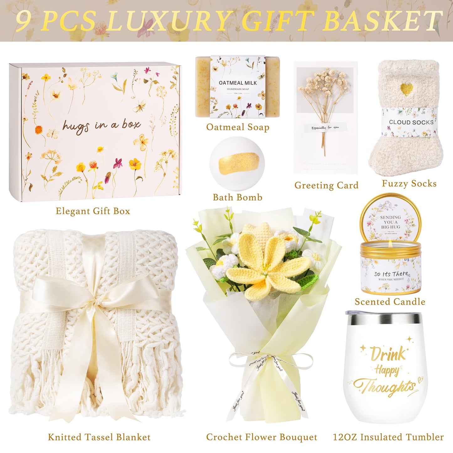 Mothers Day Birthday Gifts for Women Self Care Get Well Soon Gift Baskets for Women w/Crochet Flower Bouquet Tassel Blanket, Thinking of You Spa Gifts Set for Mom Sister Her Friends Wife Daughter
