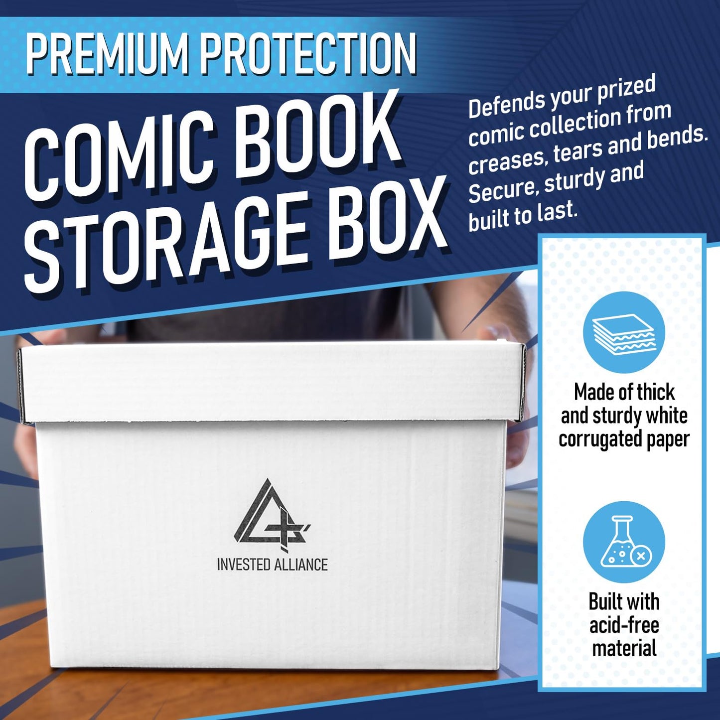 Invested Alliance Premium Short Comic Book Storage Box Organizer with Lid | Thick Cardboard Comic Storage Box For Collectibles Fits 150-175 Current/Silver Age, Heavy Duty & Stackable.