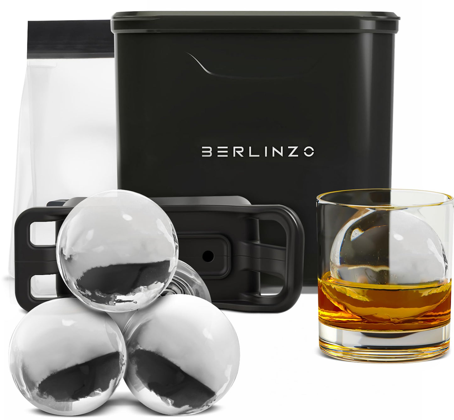 Berlinzo Premium Clear Ice Ball Maker Mold - Best Gift for Dad & Whiskey Lover - 2 Large 2.4" Crystal Clear Round Balls - Easy-to-Remove Ice Sphere Mold - Storage Bag Included (Non-Electric)