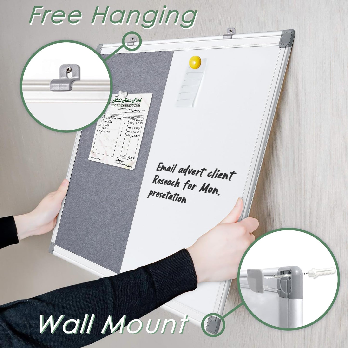 S SWANCROWN 2 in 1 Combo Board Magnetic Whiteboard & Felt Board,Dry Erase Board Bulletin Board Vision Board for Wall,Home,School,Office,24x18inches