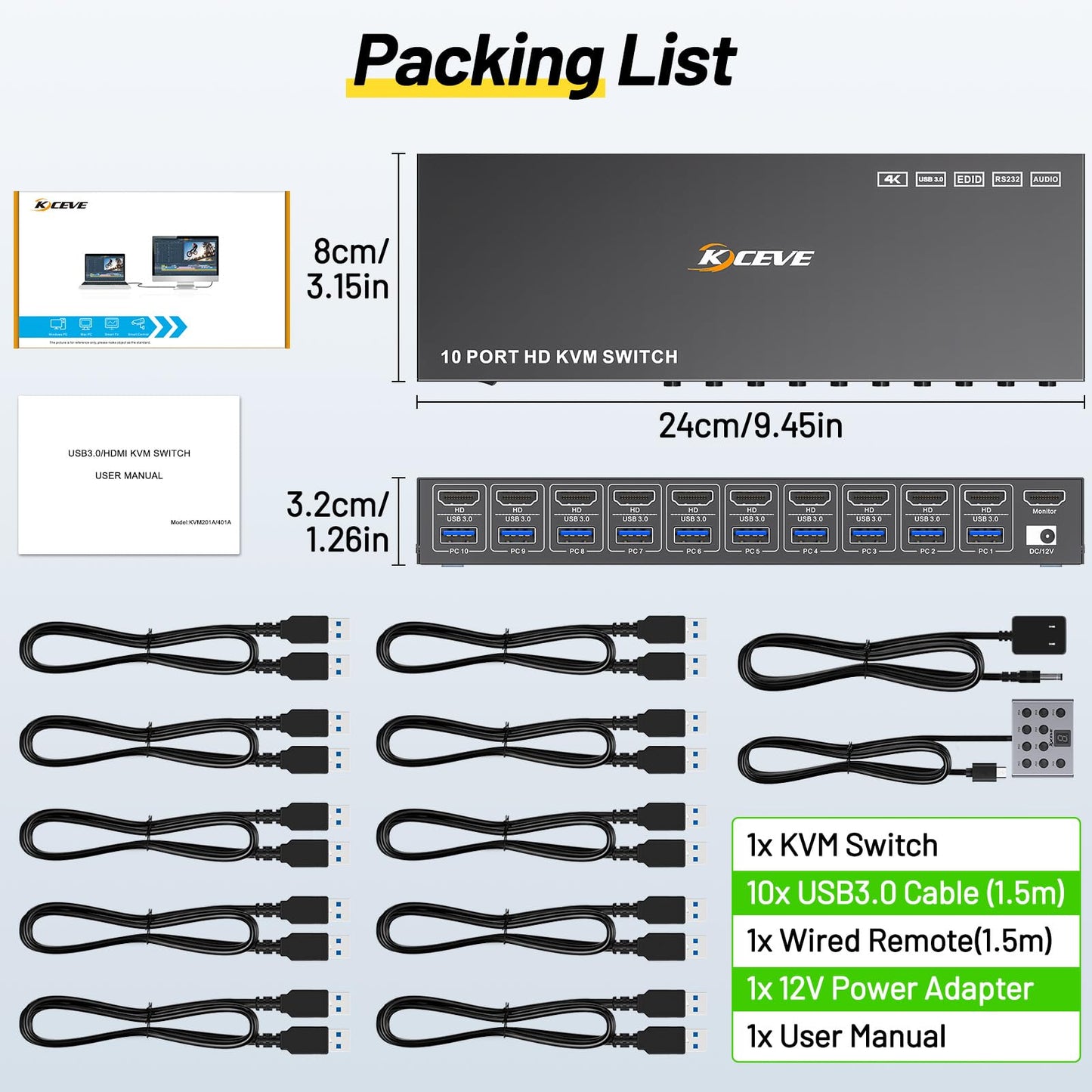 10 Port 8 Port KVM Switch HDMI 4K@60Hz EDID Simulation, USB 3.0 HDMI KVM Switch for 10 Computers Share 1 Monitor and 4 USB Devices, KVM Switches with Audio RS232 Wired Remote 12V Power and USB Cable
