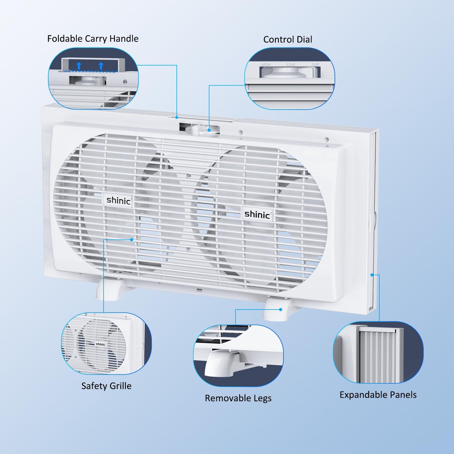 shinic 9" Dual Window Fan with Manual Reversible Airflow, 2-Speeds Twin Fans, Expandable Panels (22"-33"), Built-in Handle & Removable Feet, Ideal for Home, Kitchen, Bedroom, Office Ventilation
