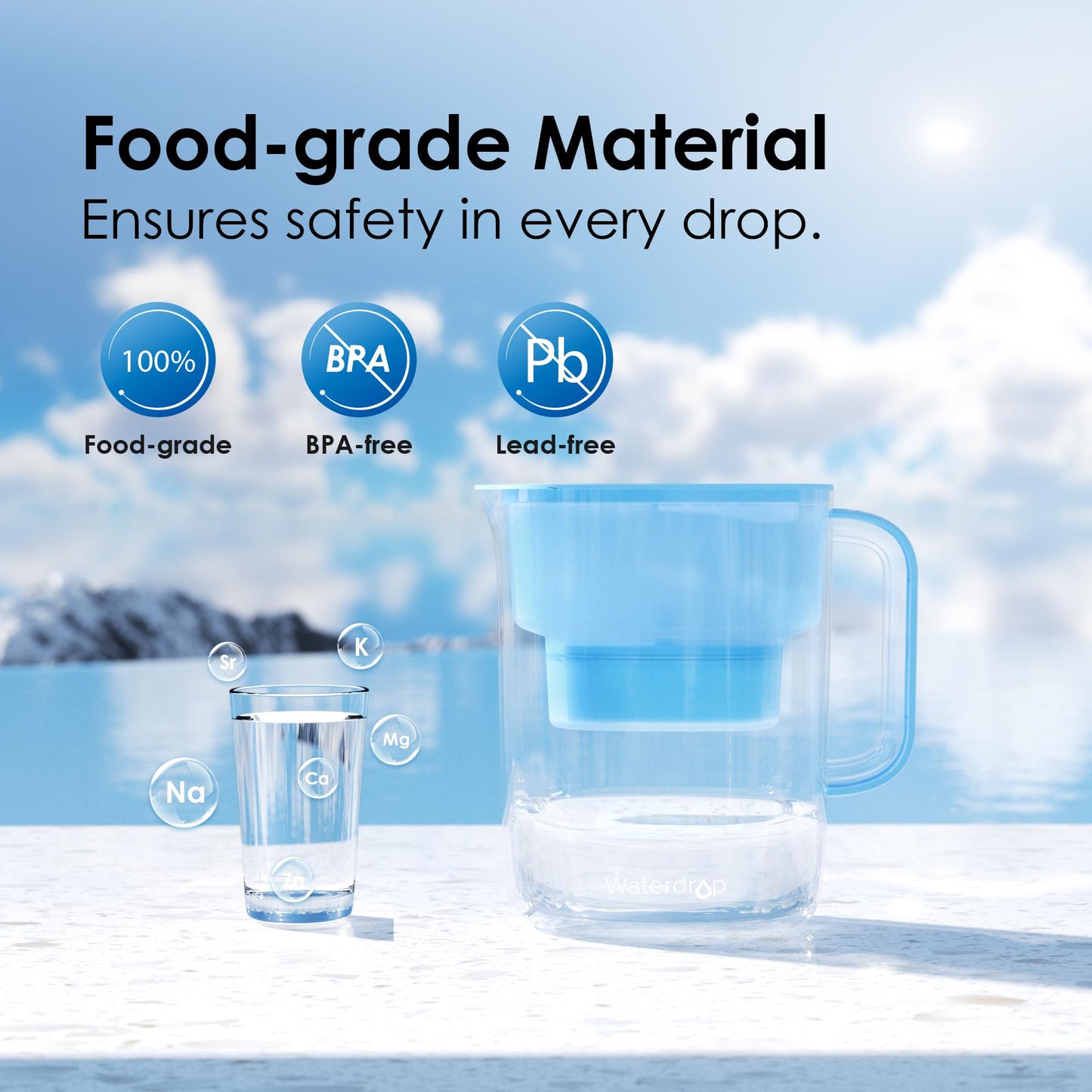 Waterdrop PT-07B-A Alkaline Water Filter Pitcher, 10-Cup, Healthy, Clean & Toxin-Free Mineralized Alkaline Water, Up to 100 Gallons, Improves Coffee Taste, Up to pH 9.5, BPA-Free, Blue