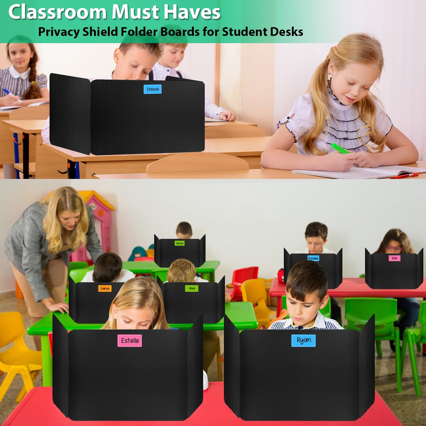 26 Pack Black Desk Dividers with Labels for Students, ROOKEA Waterproof Plastic Study Carrel Dividers, Privacy Classroom Shield Folder Boards Desk for Classroom Teacher Supplies Test Divider