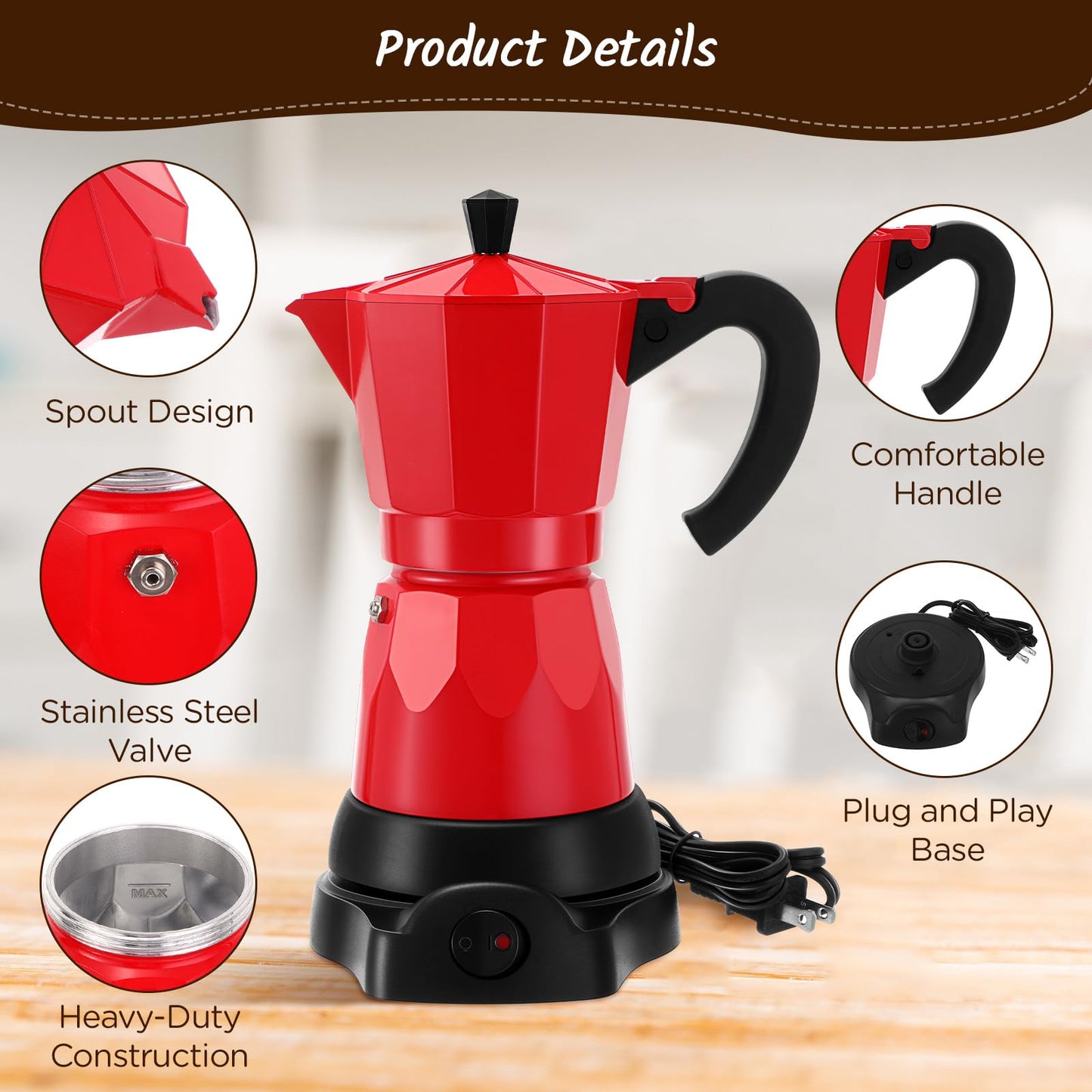Lemosae Coffee Pot 6 Cup Electric Espresso Coffee Maker Italian Moka Maker 300ml Portable Aluminum Espresso Machine Cafetera Moka Pot with Detachable Base, Gift for Home Travel(Red)