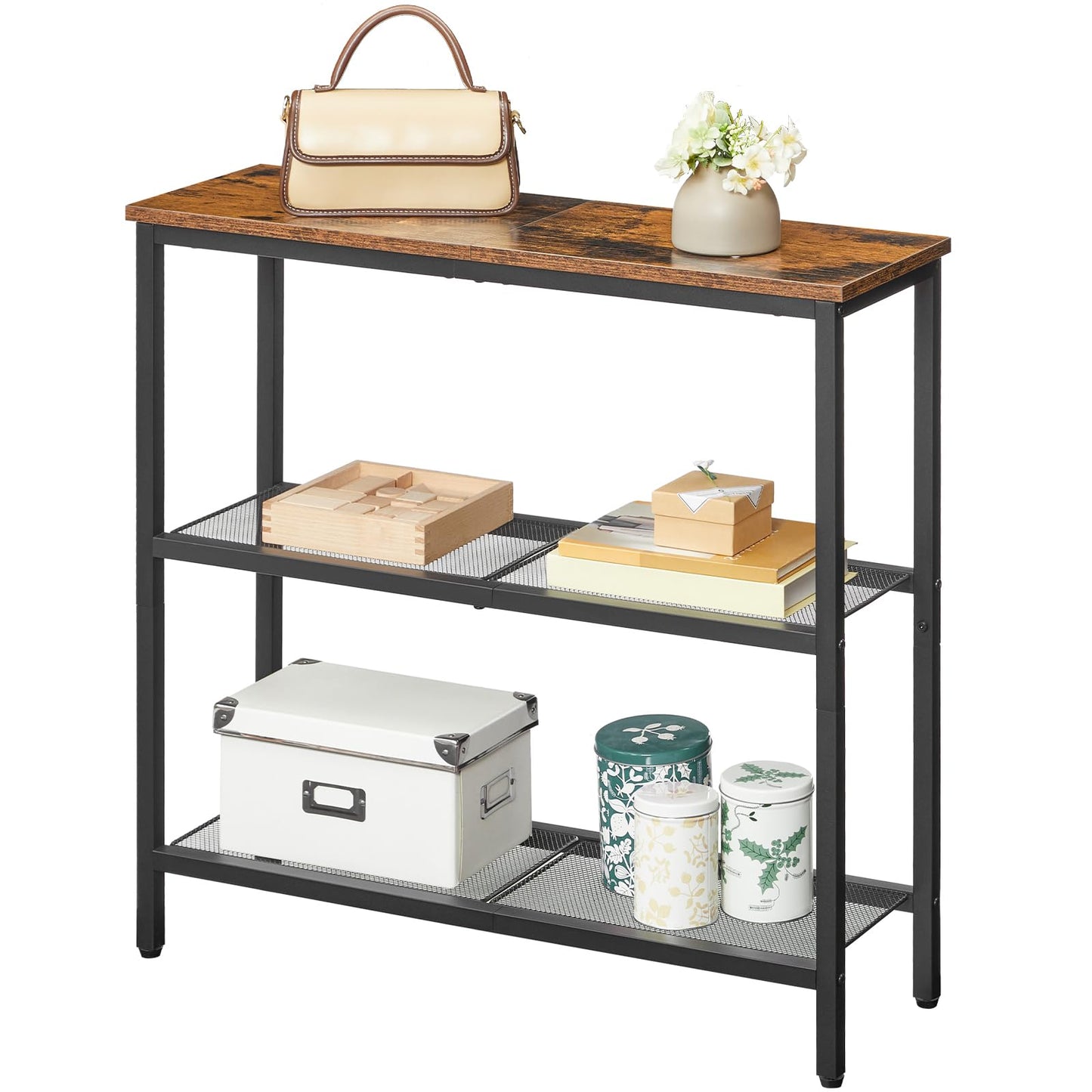 HOOBRO 29.5" Narrow Console Table, 3-Tier Entryway Table, Thin Sofa Table with Shelves, Side Table, Display Table, for Hallway, Entrance, Living Room, Bedroom, Rustic Brown and Black BF73XG01