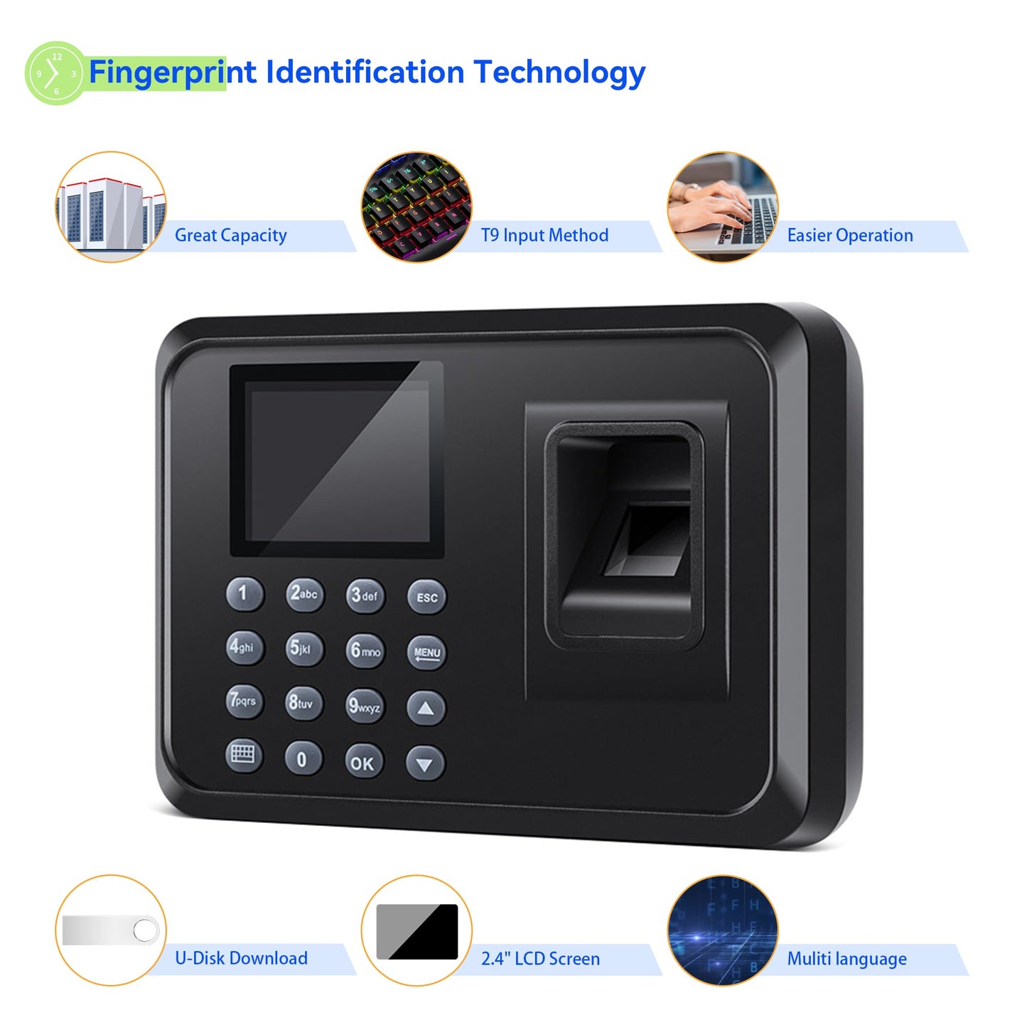 Diseleri Time Clock-Time Clocks for Employees Small Business-Fingerprint & Digital Attendance Machine, 0 Monthly Fee Office in/Out Punch Clock, No WiFi/Software Required