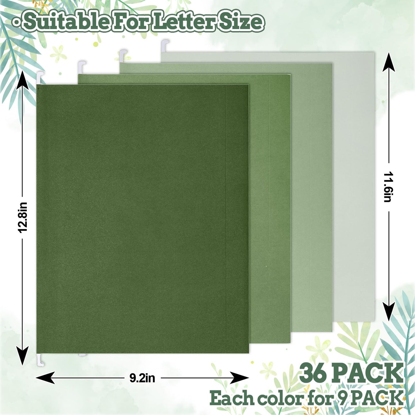Whaline 36 Pack Sage Green Hanging File Folders Letter Size 4 Colors Green File Pockets with Tab for Home Office Classroom Supplies, 9.2 x 12.8 Inch