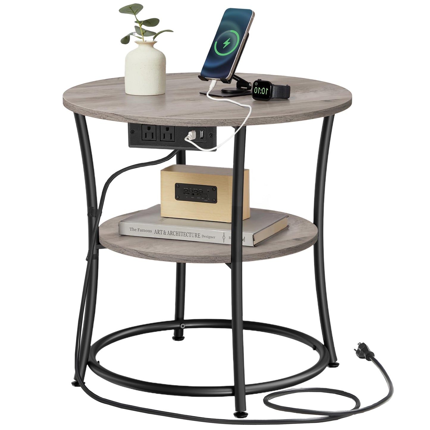 VASAGLE 21.7-Inch Round Side Table, 2-Tier End Table with Power Outlets, Nightstand with Steel Frame, Spacious Top, for Small Spaces, Living Room, Bedroom, Heather Greige and Ink Black ULET077L01