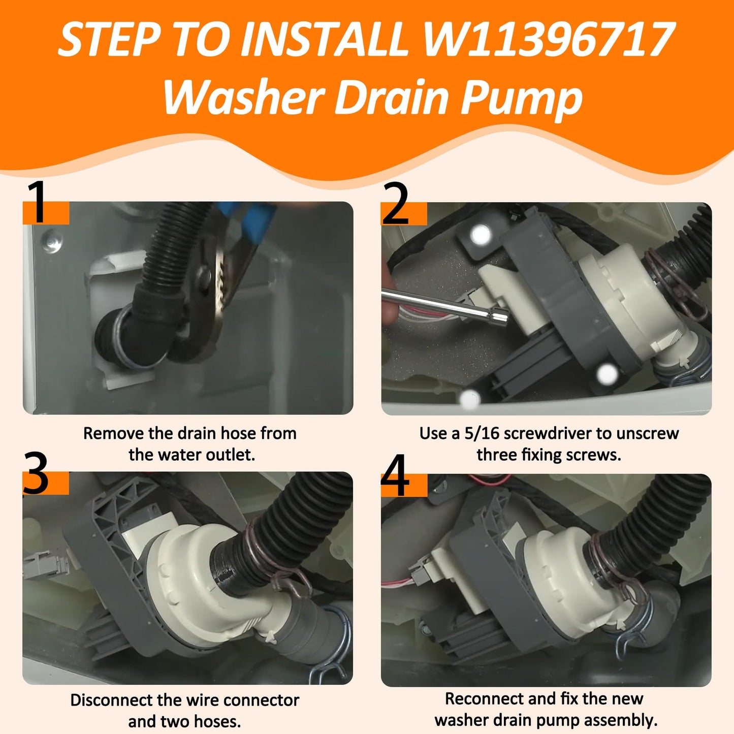 W11396717 W11263349 Washer Drain Pump Replaces AP6974116 W11263349 4960510 PS12731177 EAP12731177 Fit for May-tag Whirl-pool Ken-more Washer