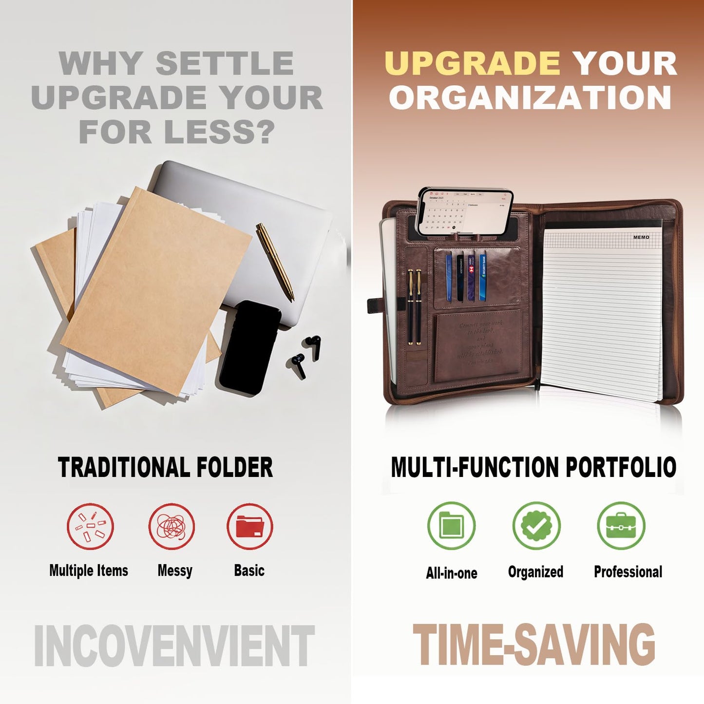 Leather Portfolio for Men and Women – Business Binder Portfolio, Professional Organizer for Men and Women, Christian Gifts, Laptop & iPad Case, Bible Notepad Holder (Brown)