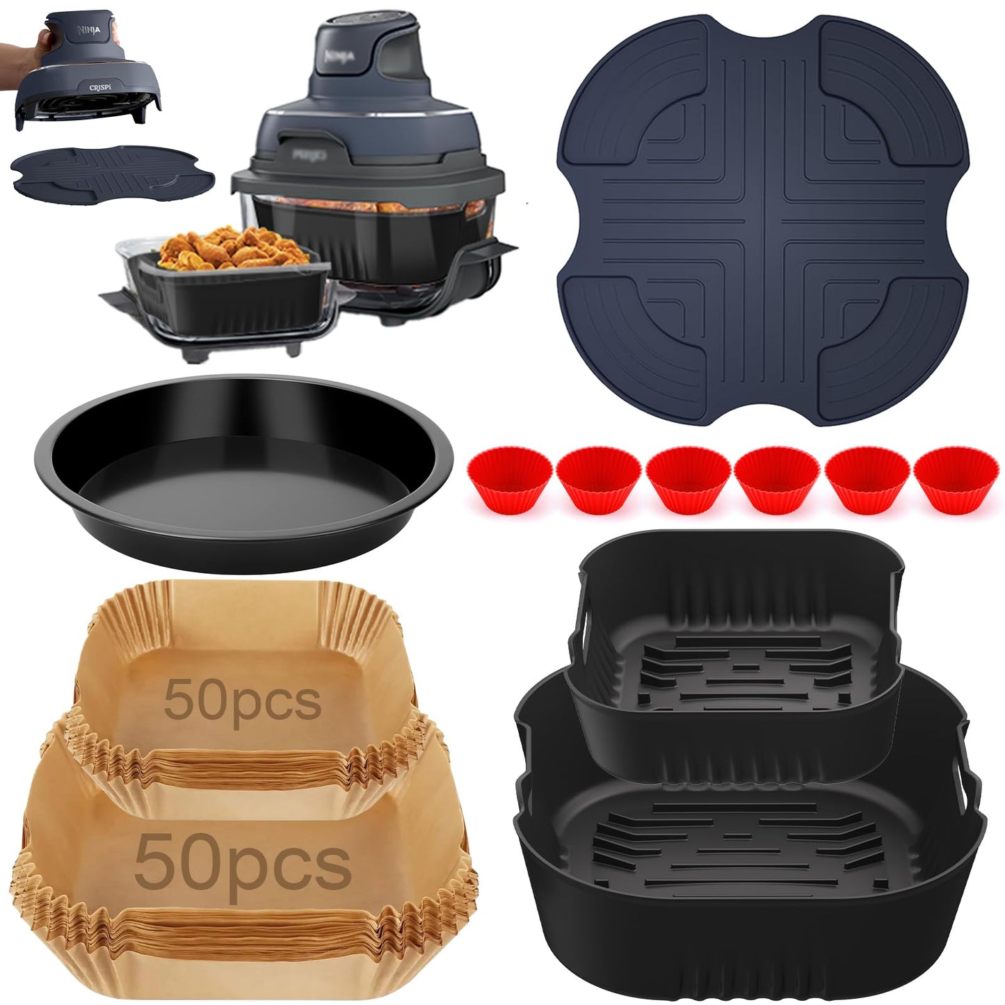 Air Fryer Accessories for Ninja Crispi 4QT & 6-Cup Glass Containers FN101GY | FN101ST | FN101SG | FN103BF, 12 Piece Ninja Crispy Accessories Silicone Liners, Paper Liners Disposable, Trivet Mat