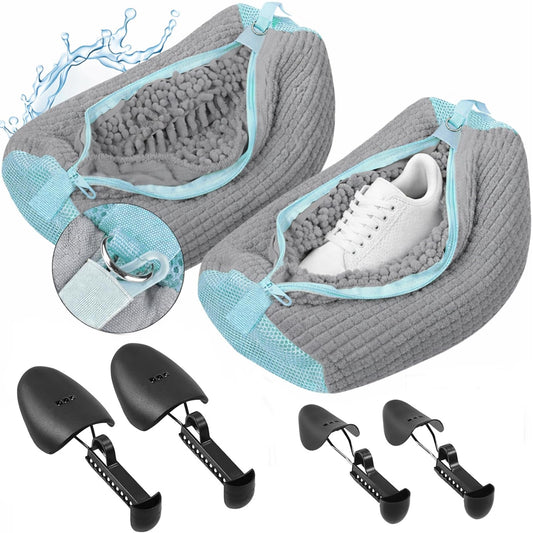 2 Pcs Shoe Washing Machine Bags with 4 Adjustable Shoe Trees, XXL Laundry Bags for Washer and Dryer, Sturdy Zipper with Hook Design, Reusable Cleaning Bag for Sneaker, Tennis (Gray)