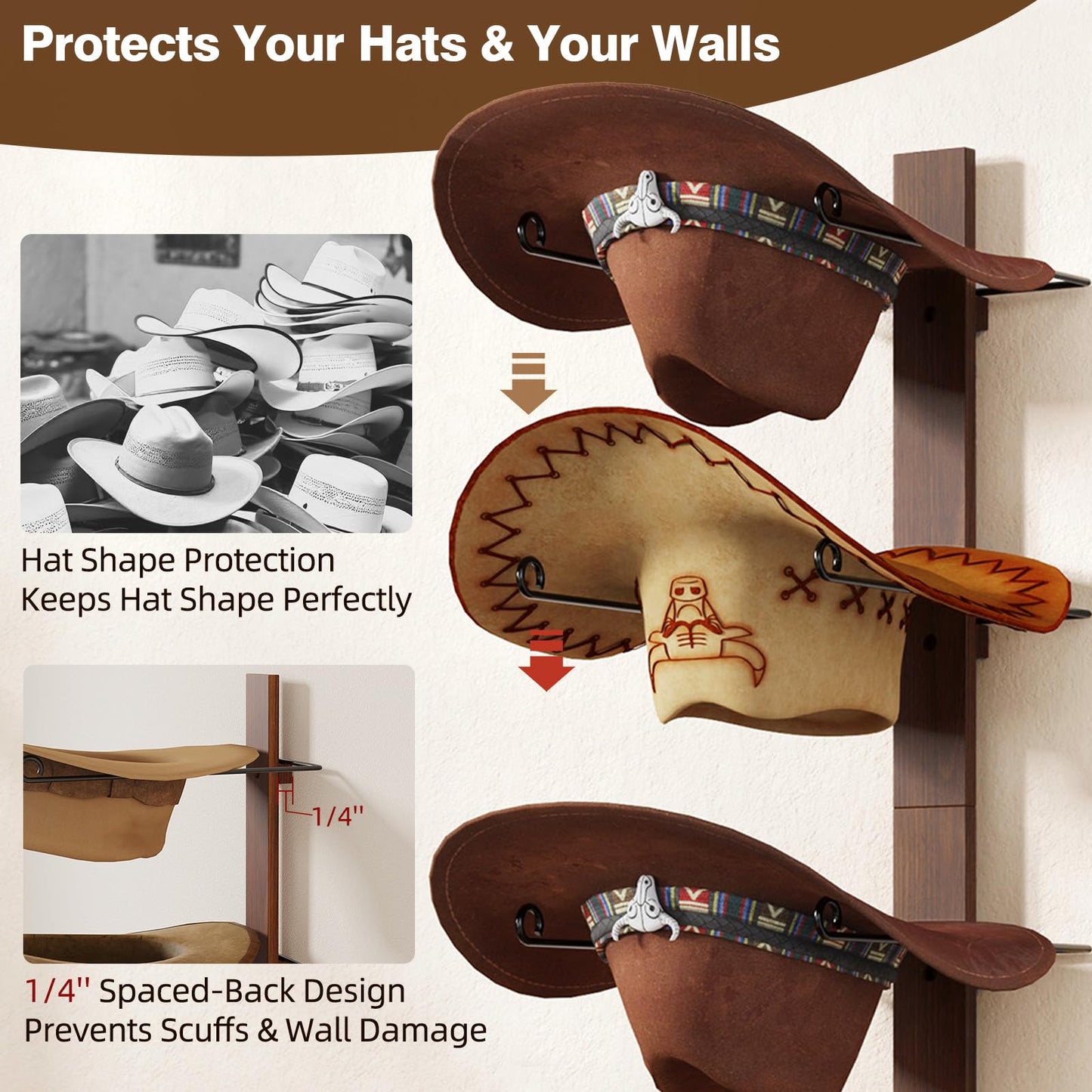 TIPSYTREE Cowboy Hat Holder, 3-Piece Wall Mount Cowboy Hat Rack for Wall Holds up to 6 Hats – Wooden + Metal Rustic Western DIY Hat Racks for Wall Storage and Home Décor